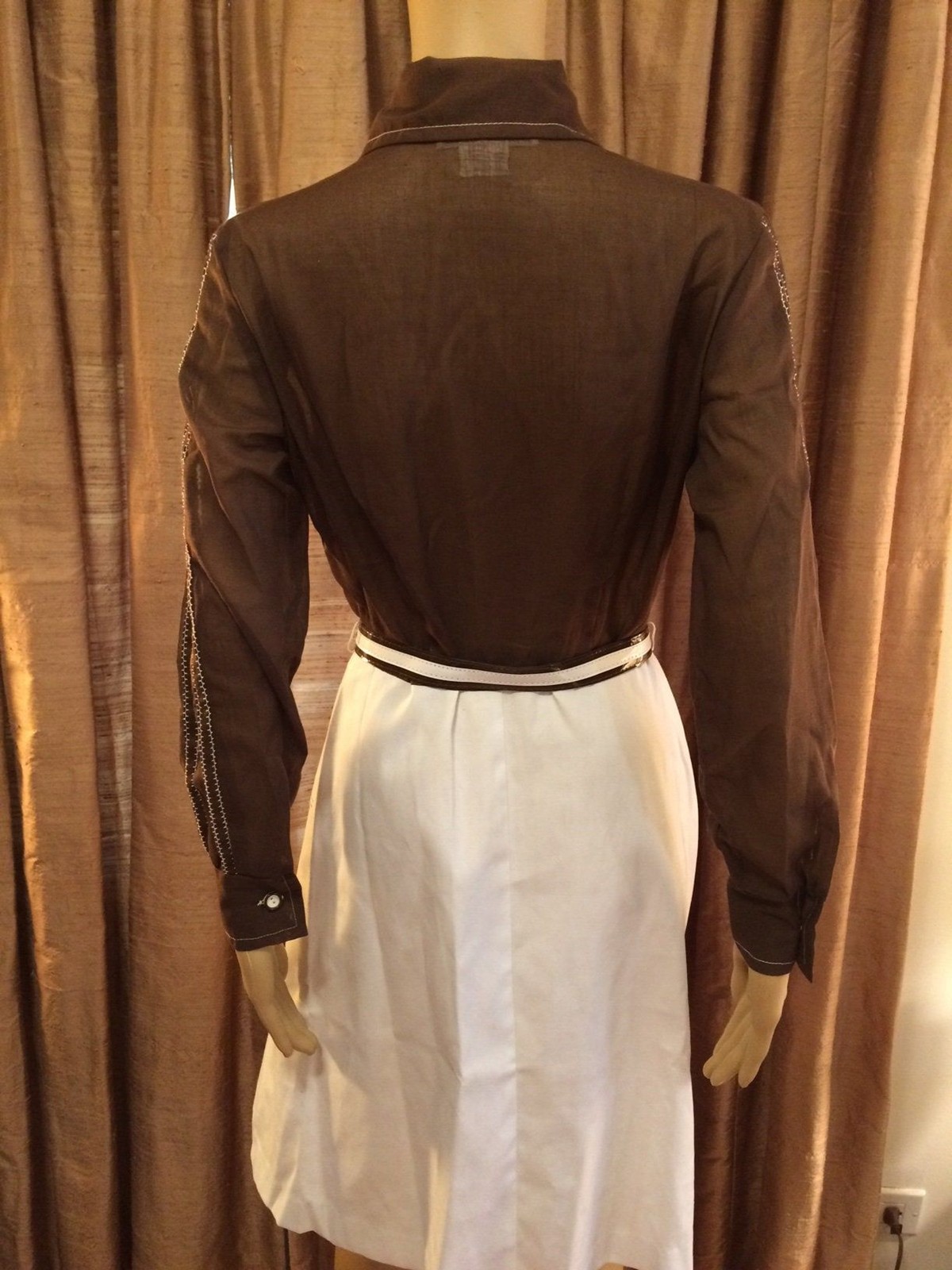 Kenny Classics 60s Sheer Brown Blouse w/Solid White Skirt Accent Stitching-Sz 8