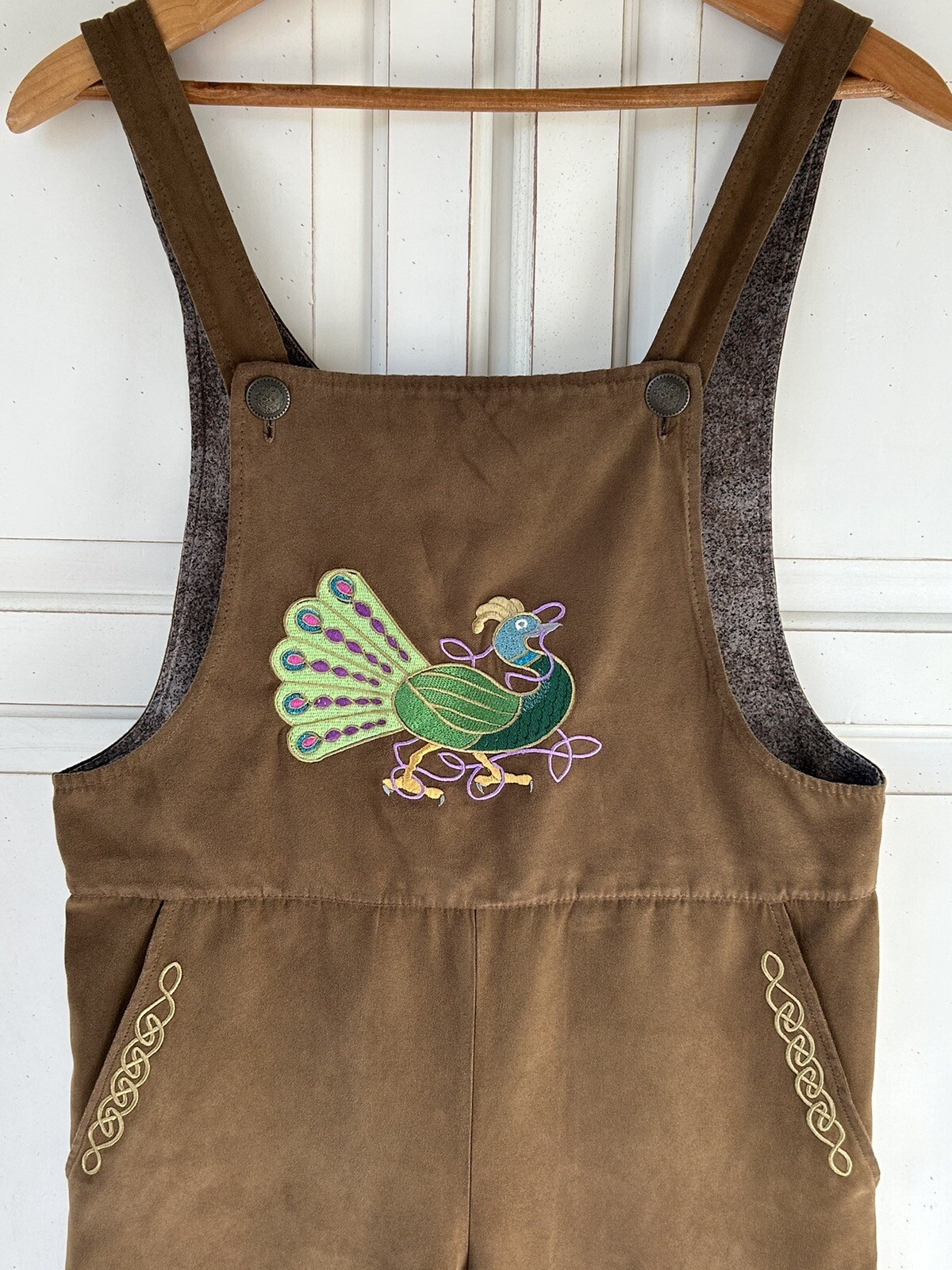 Vintage PEACOCK Embroidered Unique Handmade Bib Overall Boho Pants XS 28” Inseam