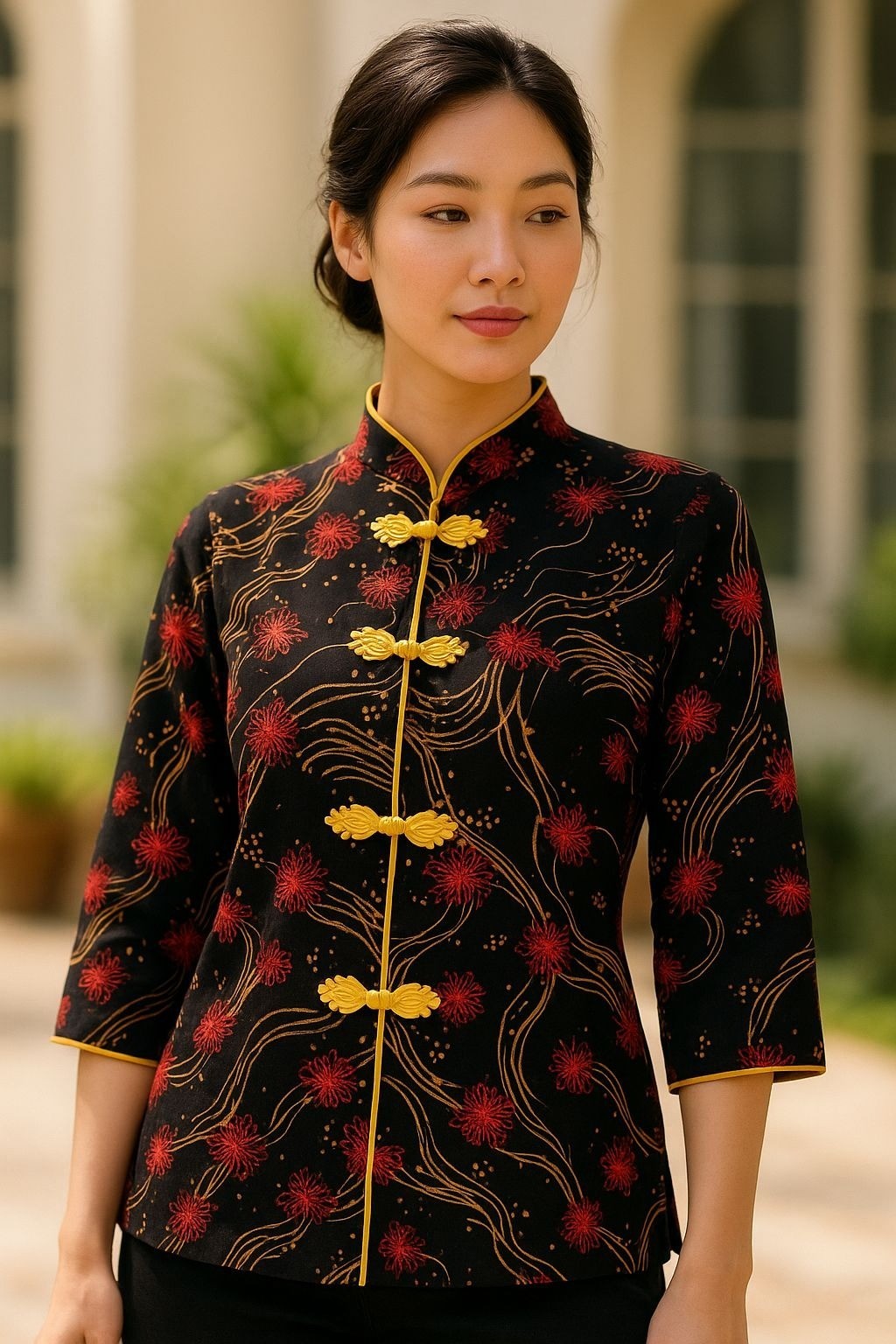 Member High Fashion XL 80s Vintage Blouse Cheongsam-Inspired Long Sleeve Top