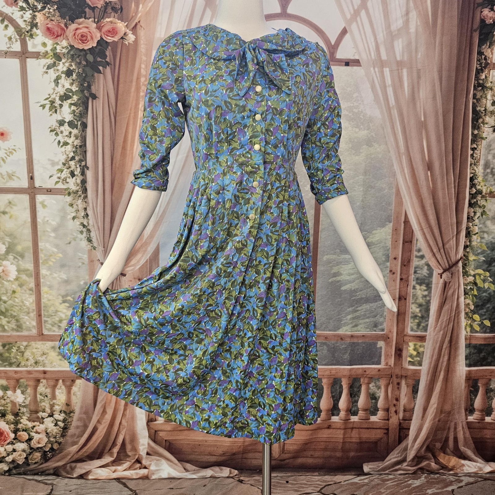 Vintage 1960’s Dress Blue Green Purple Floral Rounded Collar Necktie Retro