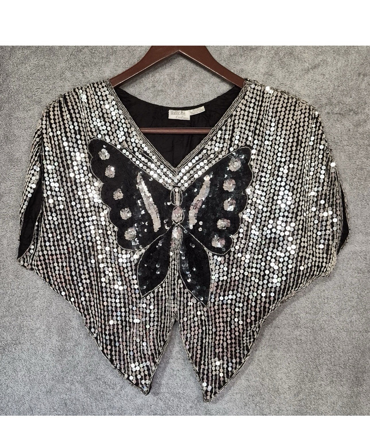 Vintage Valachi Creations 100% Silk Sequin Butterfly Cape Top Batwing Disco M/L
