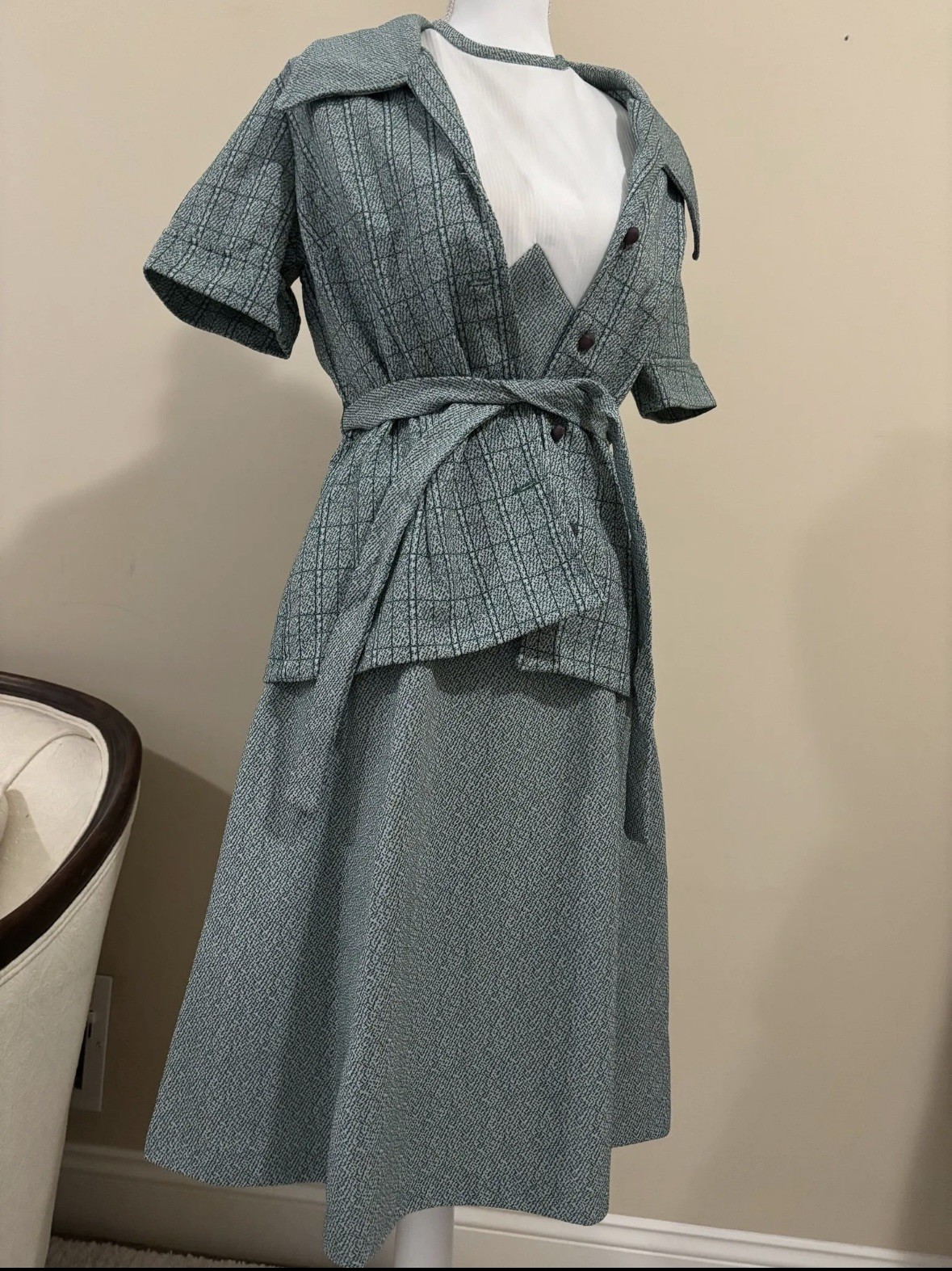 Vintage 1960-70s V Waist Green/White Poly Dress Set
