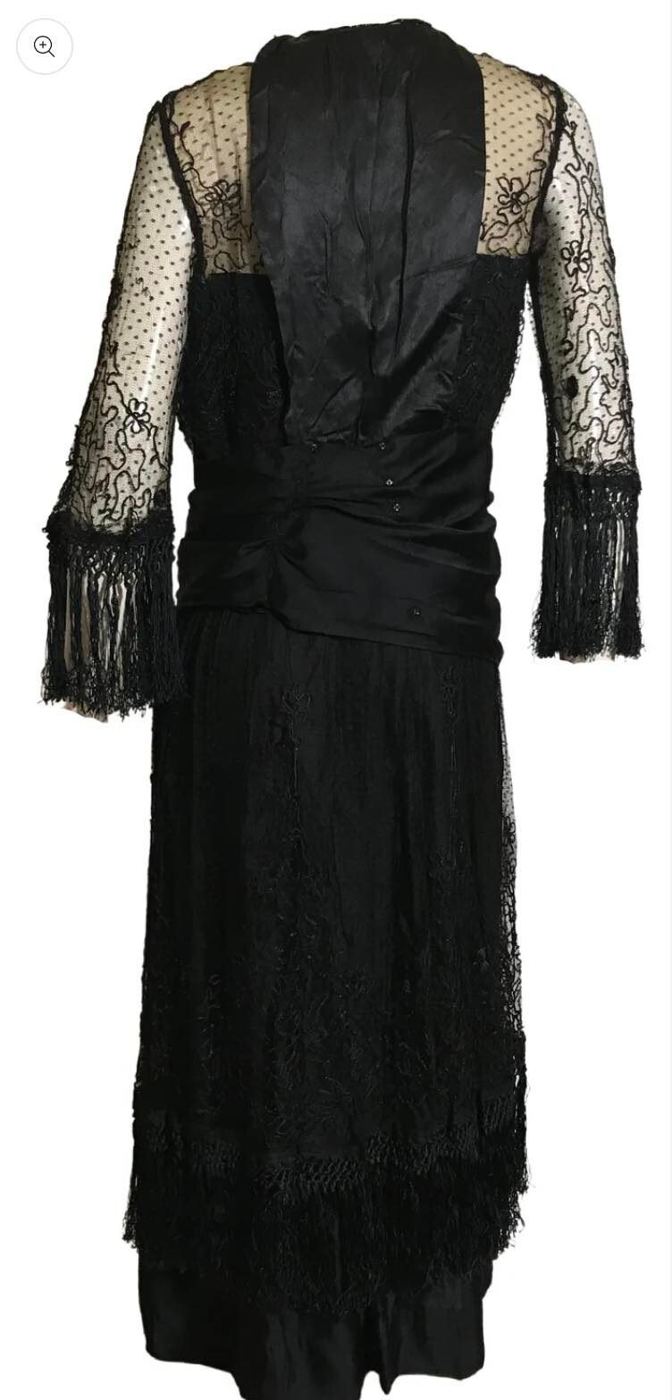 Antique 1910s Fringe and Bead Trimmed Black Silk Dress Vintage