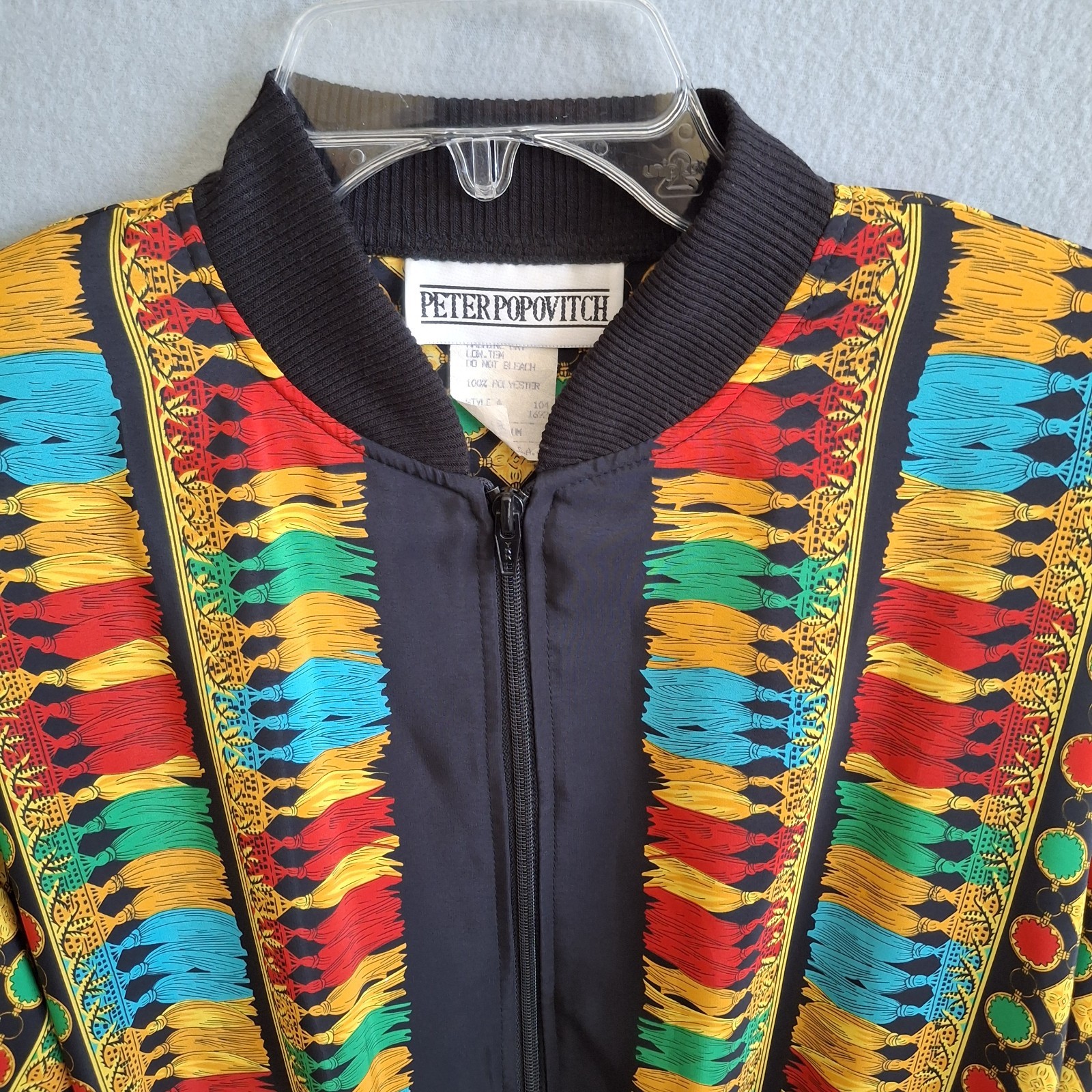 Vtg 80s Peter Popovitch Bomber Jacket Tassel Print Baroque Art to Wear M USA