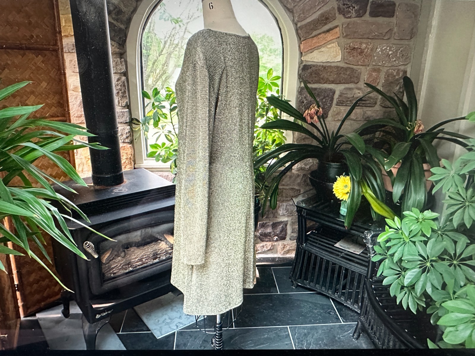 Vintage 1980s Black Metallic Gold and Silver Knit Dress Expo Made in USA