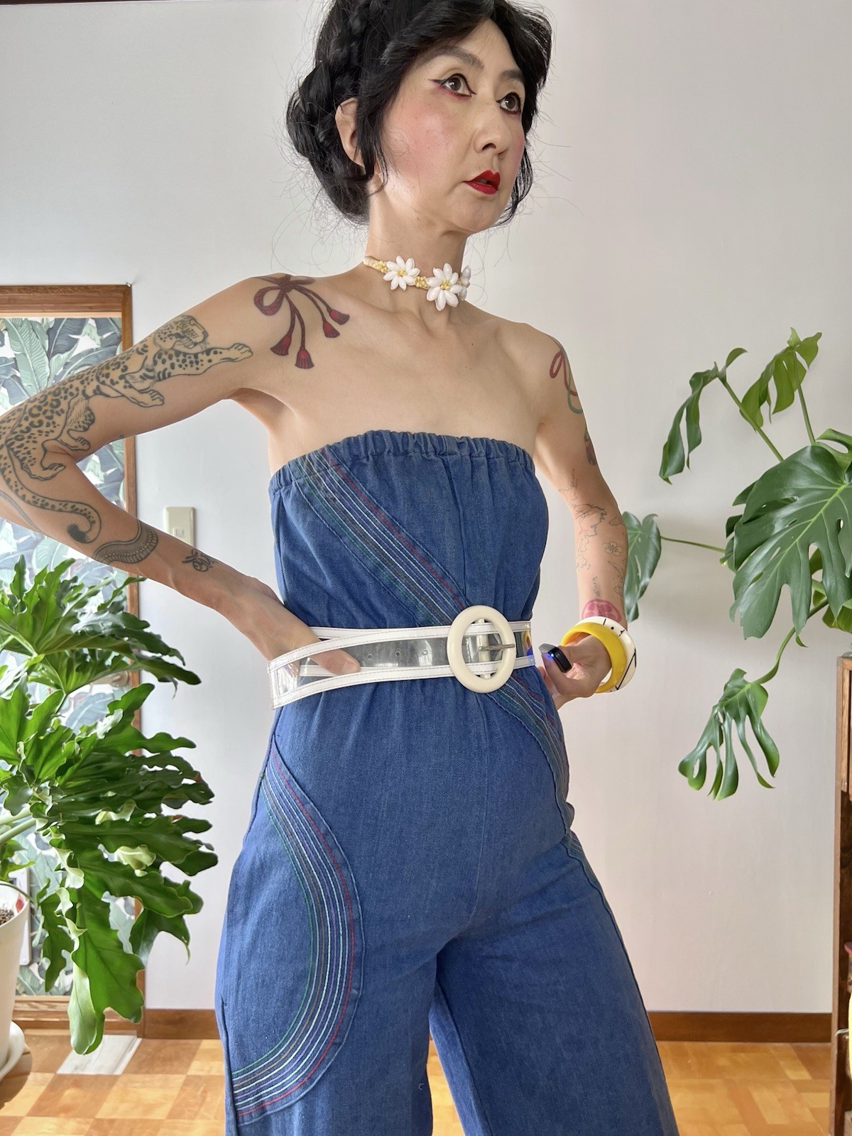 1970s Happy Legs Rainbow Chain Stitch Strapless Denim Jumpsuit Wide Leg XS/S
