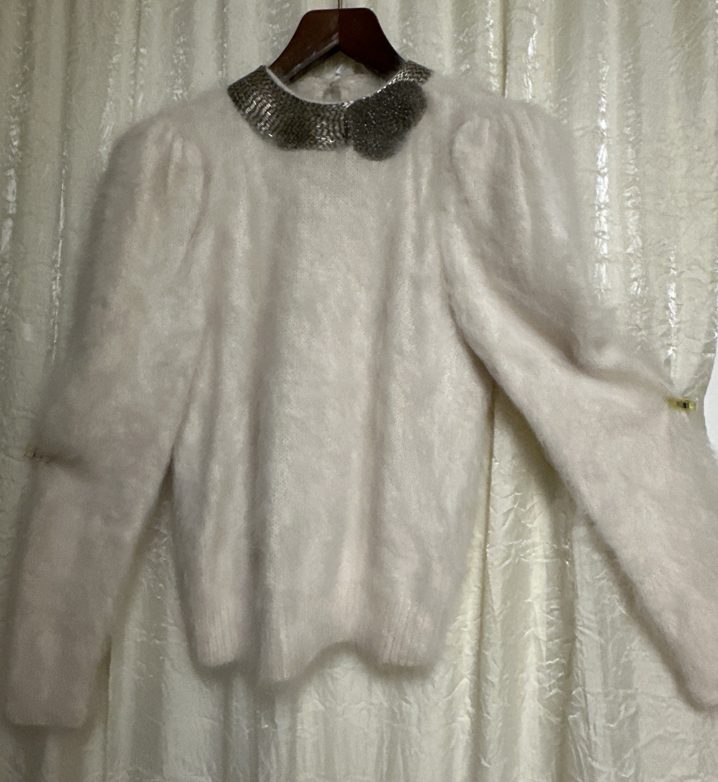 GUCCI VINTAGE 80s White Knit, Sequin Beaded Collar, Angora Sweater SZ S