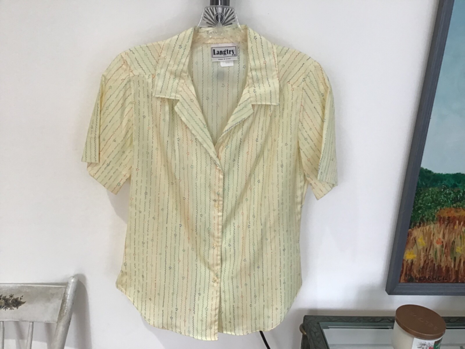 Vintage 70’s LANGTRY Polyester Lemon Chiffon Blouse w/ Stars & ZigZags Size 9/10