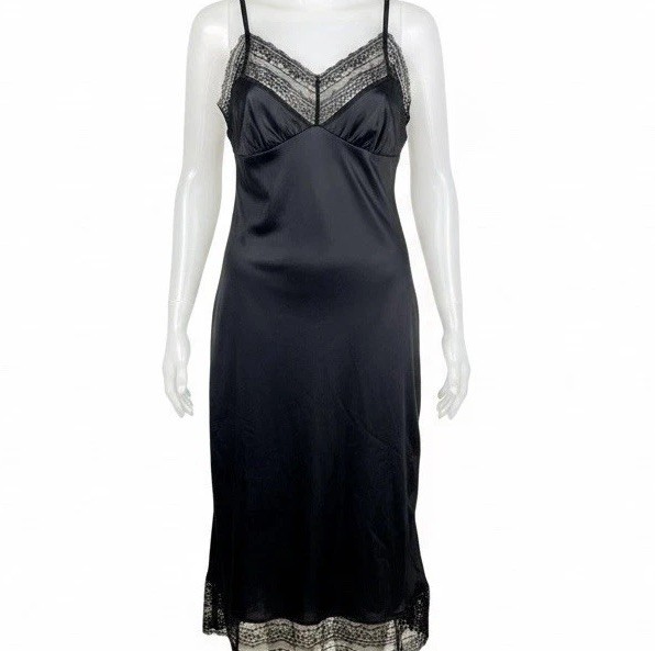 Blair Black Satin Lace Full Slip Boudoir Chemise Pin-up Witchy Lingerie 80s Lrg
