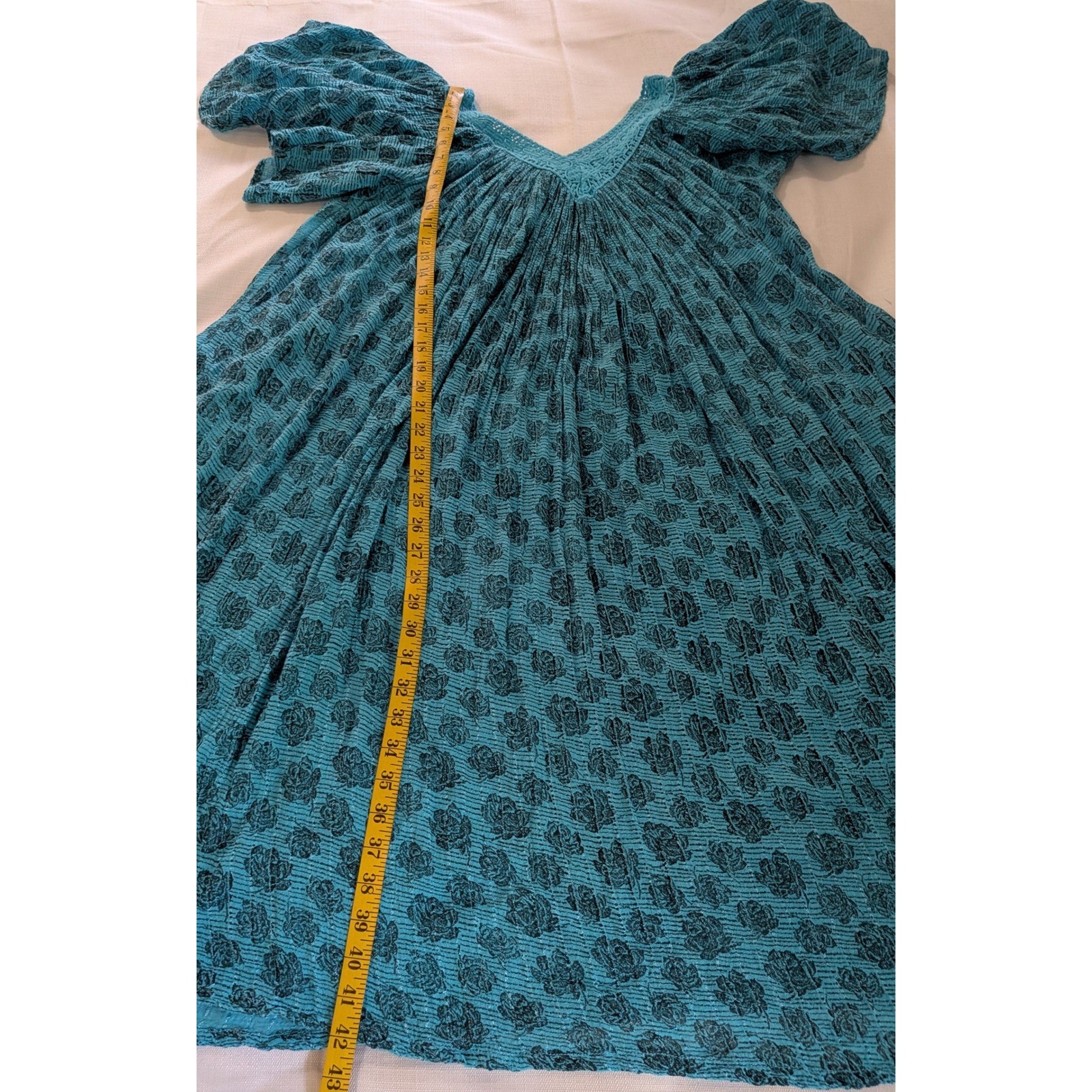 VTG Jasmine KVM Blue Floral Crochet Lace Gauze Muumuu Sz L Maxi Dress Bohemian