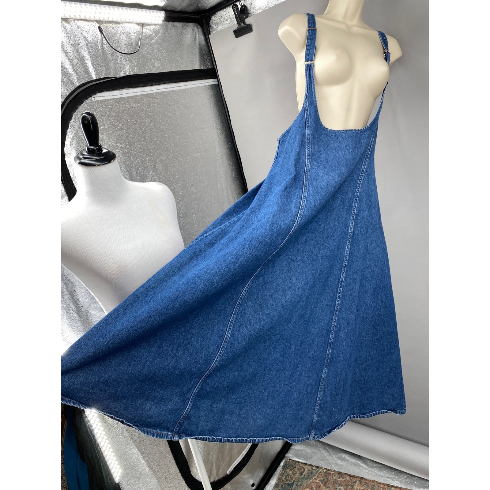Forenza Denim Pinafore Suspender Skirt Dress Womens 14 Vtg 90s Overall Midi Bibs