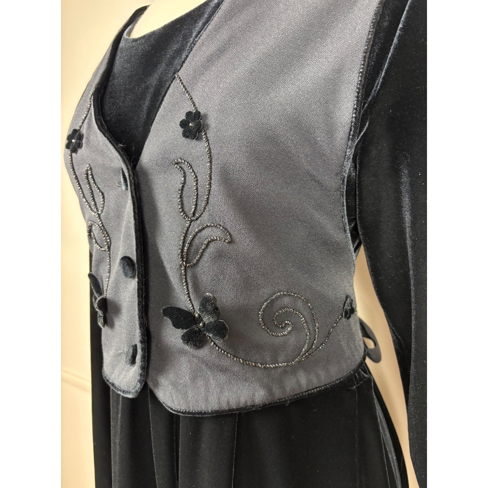 J.B.S. Ltd Vintage Velvet Midi Dress with Beaded Faux Vest Sz 12 Modest 80s 90s