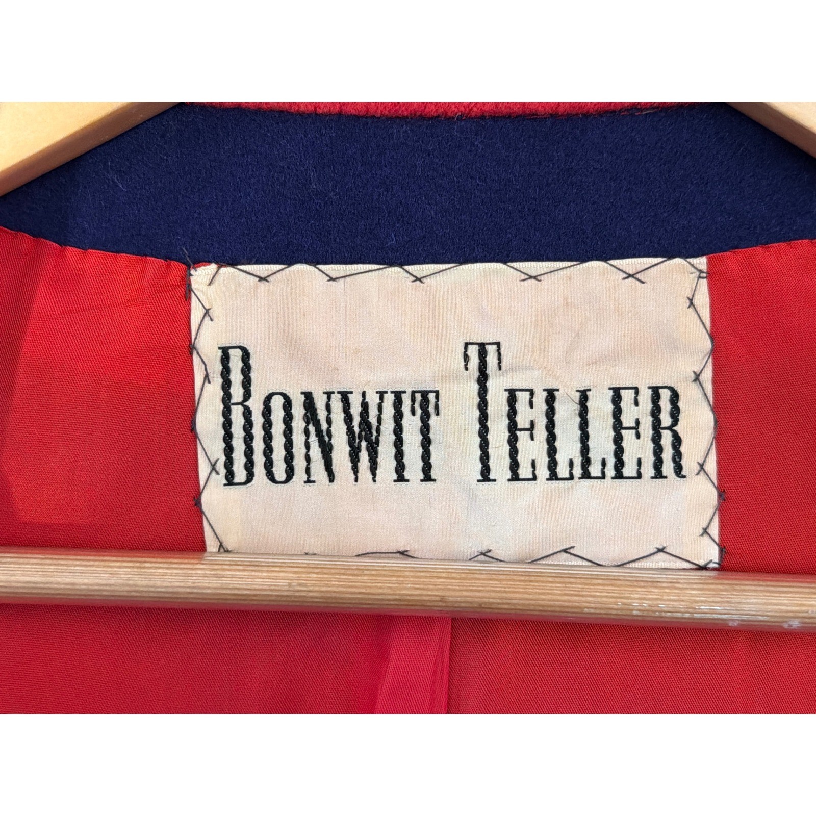 Vintage 60s L’Empereur Paris Bonwit Teller Wool Coat France Navy Red Sz 14
