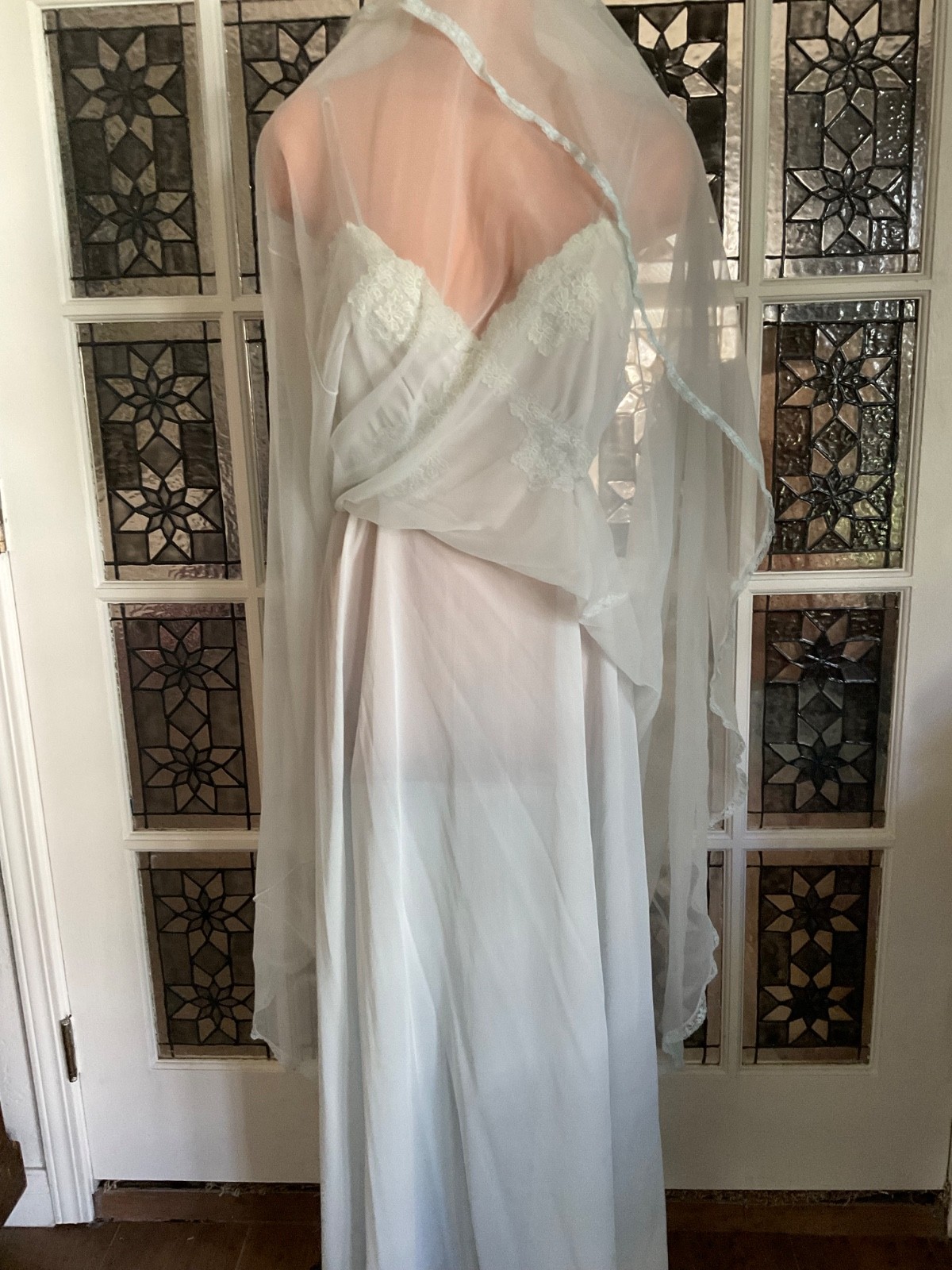 Vintage Gotham Gold Stripe Blue Nightgown Chiffon Nylon Lace Trim Size 36 USA