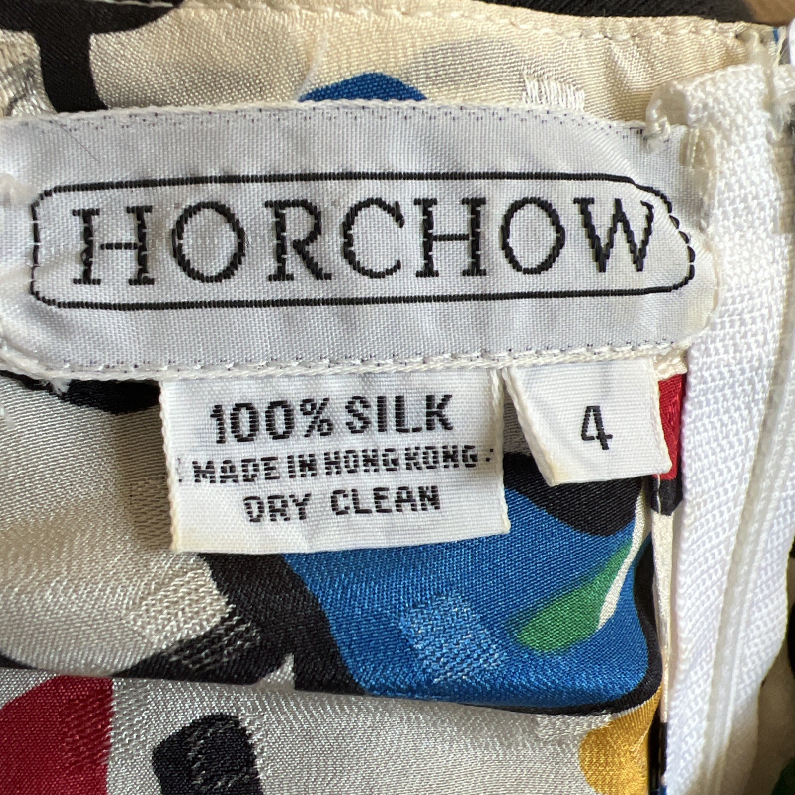 Vtg 80s HORCHOW Geometric Dress Size 4 Silk Pouf Sleeves