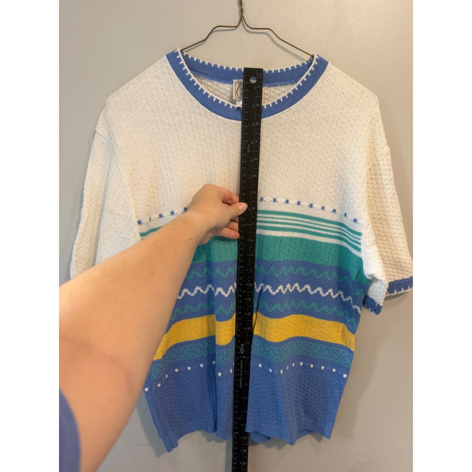 Vintage Company Collection Womens Short Sleeve Striped Knit Sweater Blue Large