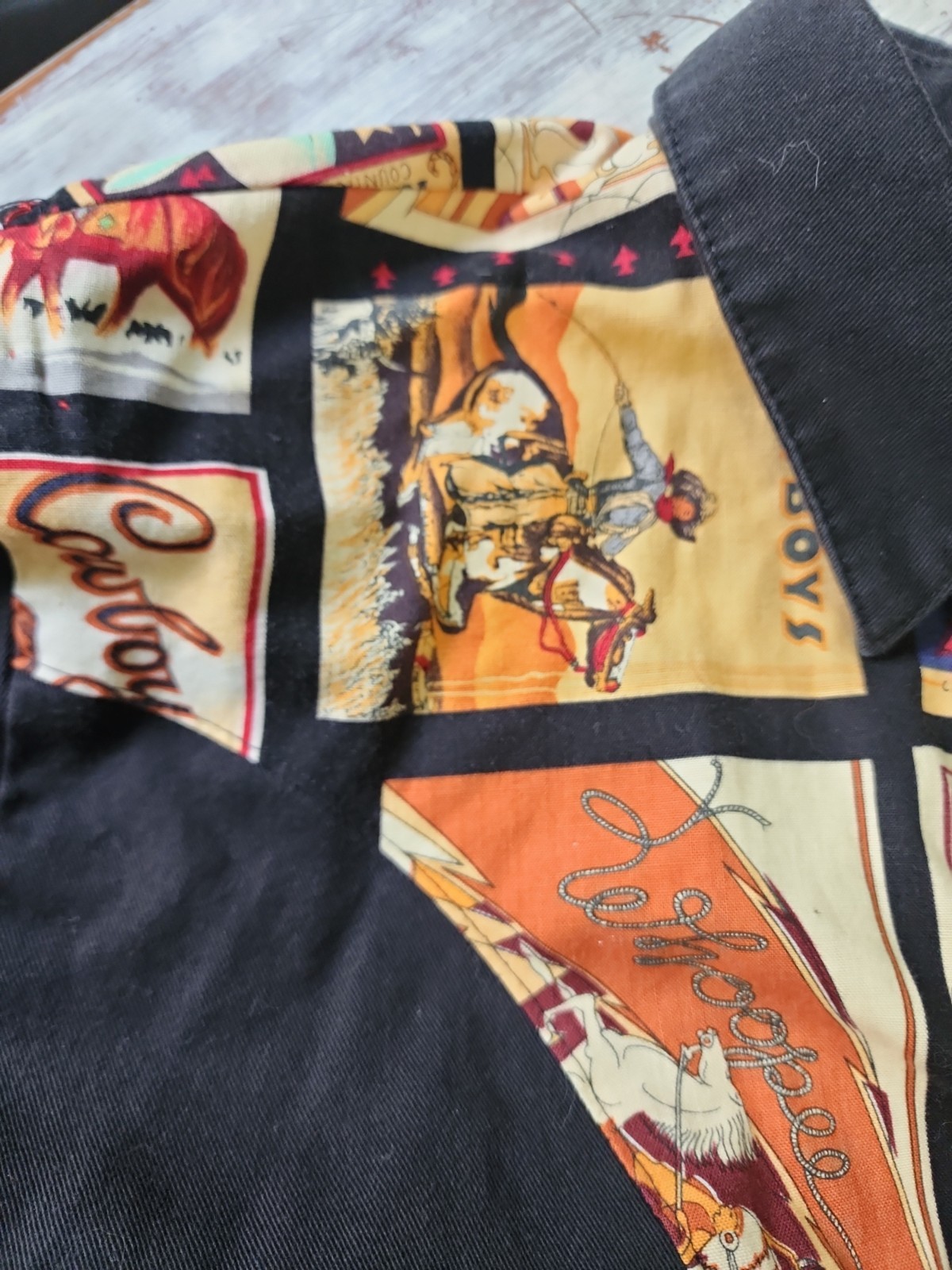 Vintage Banjo Dallas Texas Western Shirt Womens XL Black Cowboy Print Cotton USA