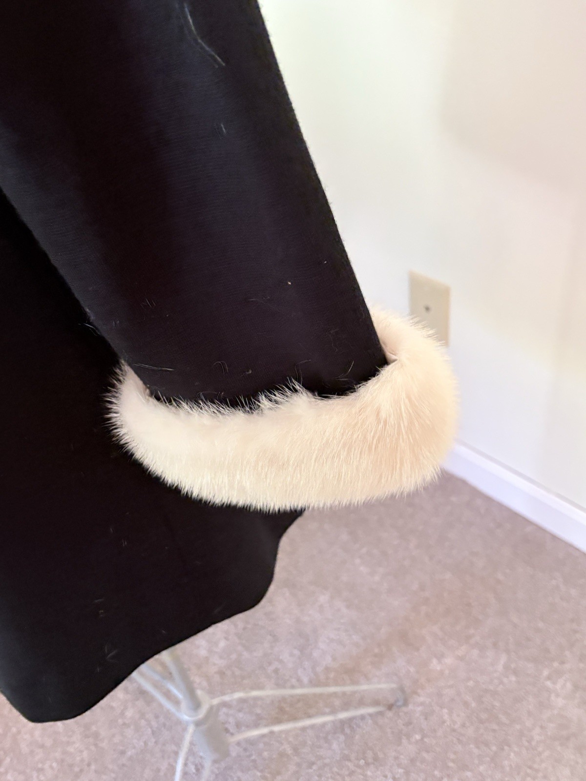 Vtg Belgium Black Wool Coat W/ White Mink Collar & Cuffs Double Breasted S/M