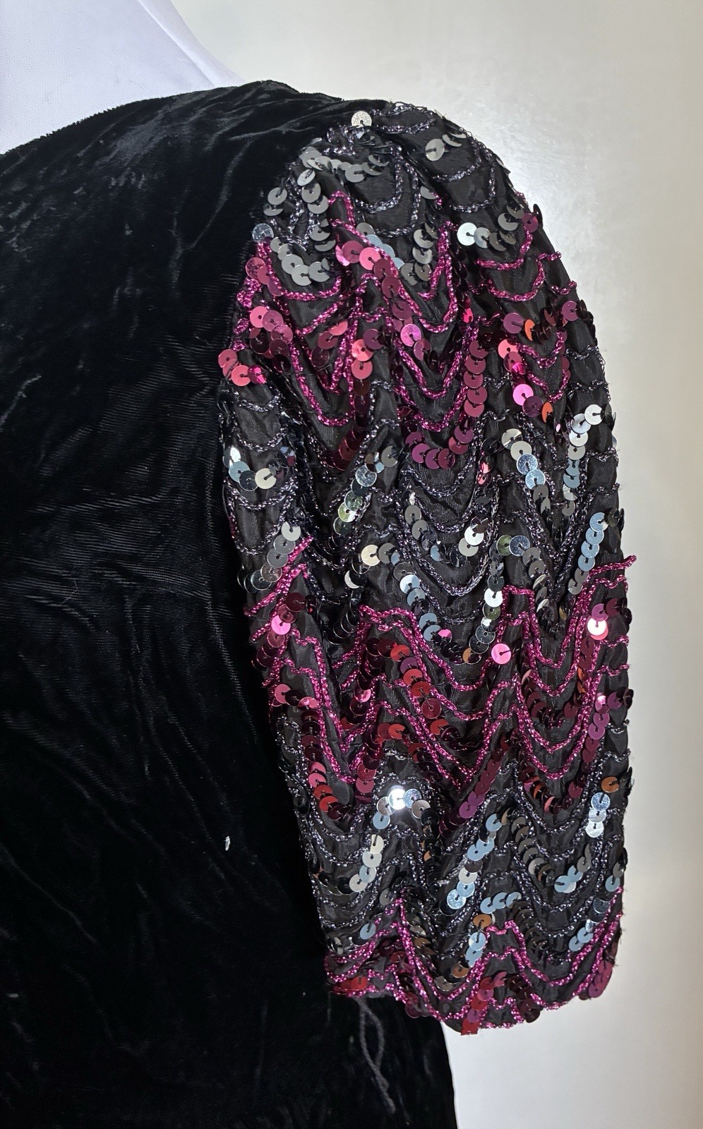 Vintage 80s Black Velvet Sequinned Sleeve Dress Small