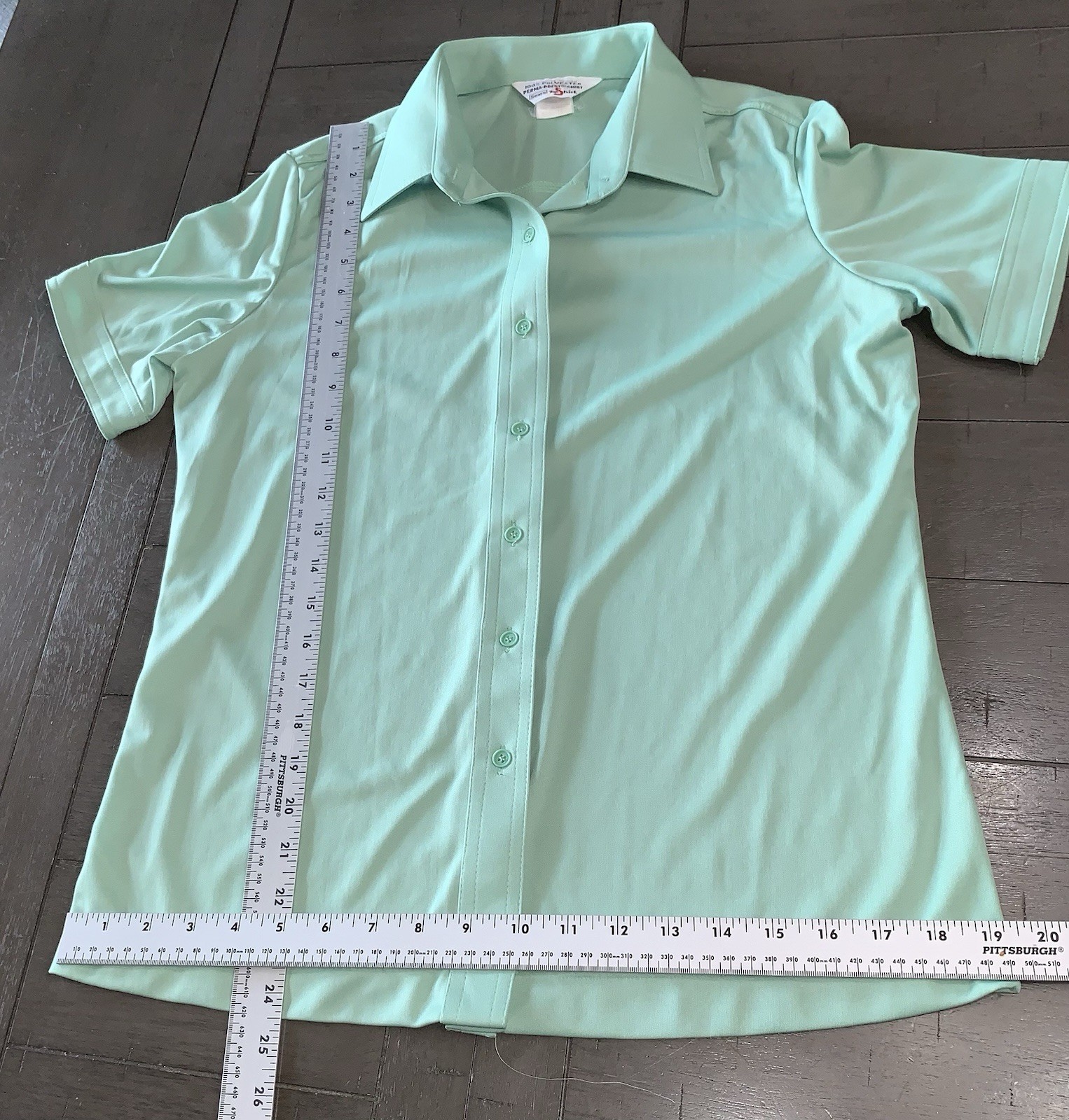 C1 80s Mint Green Button Up Blouse Short Sleeve Pointed Collar SZ 16 M/L SEARS