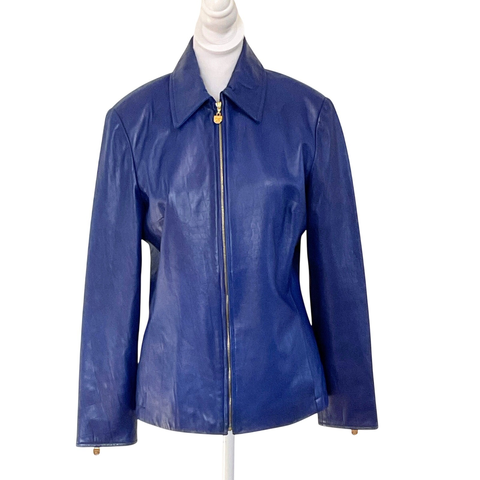 Vintage St John Sport women’s Blue Lambskin Leather Moto Jacket S Snakeskin 01