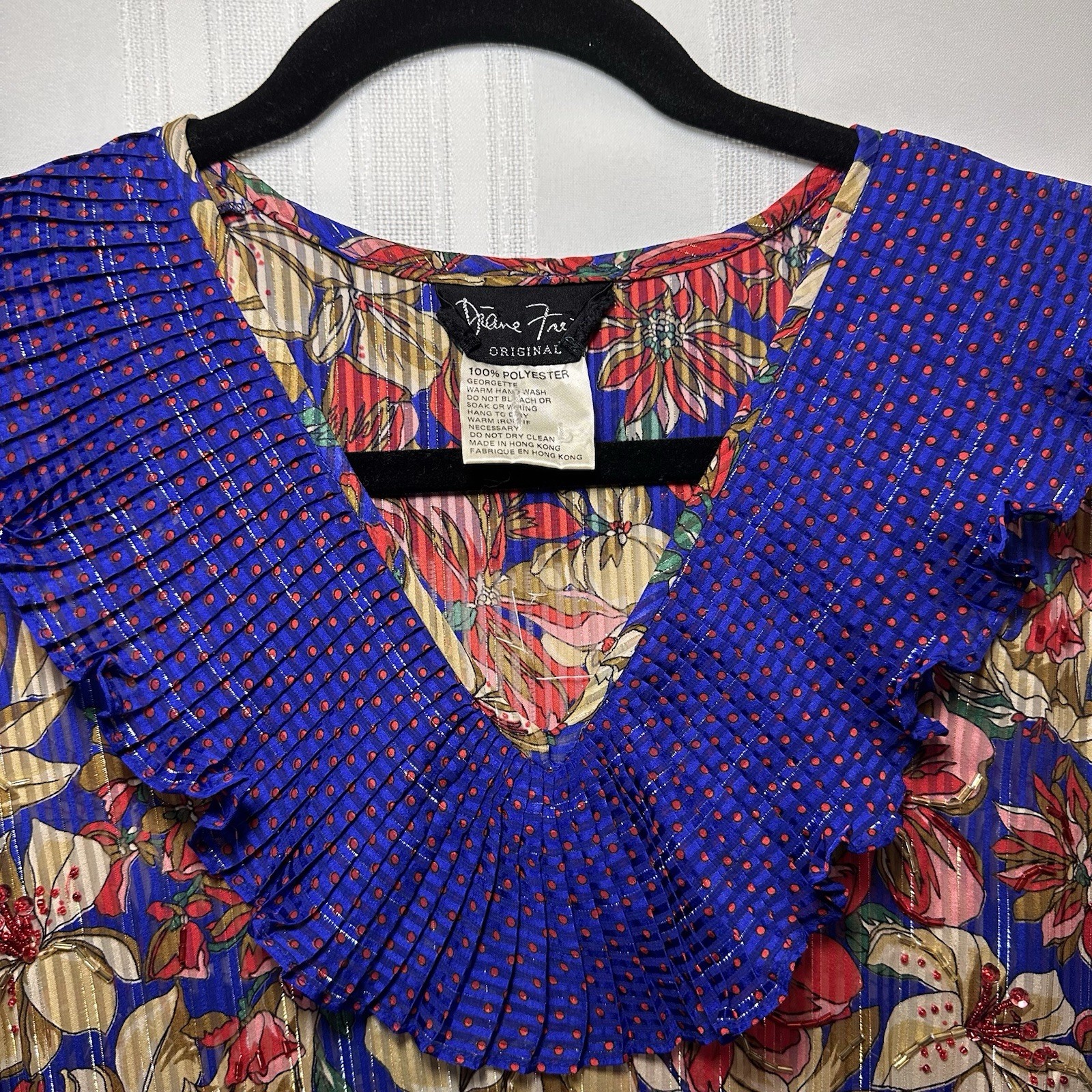 Diane Freis Drop Waist Dress XL Vintage Long Maxi Beaded Floral Ruffle Neckline