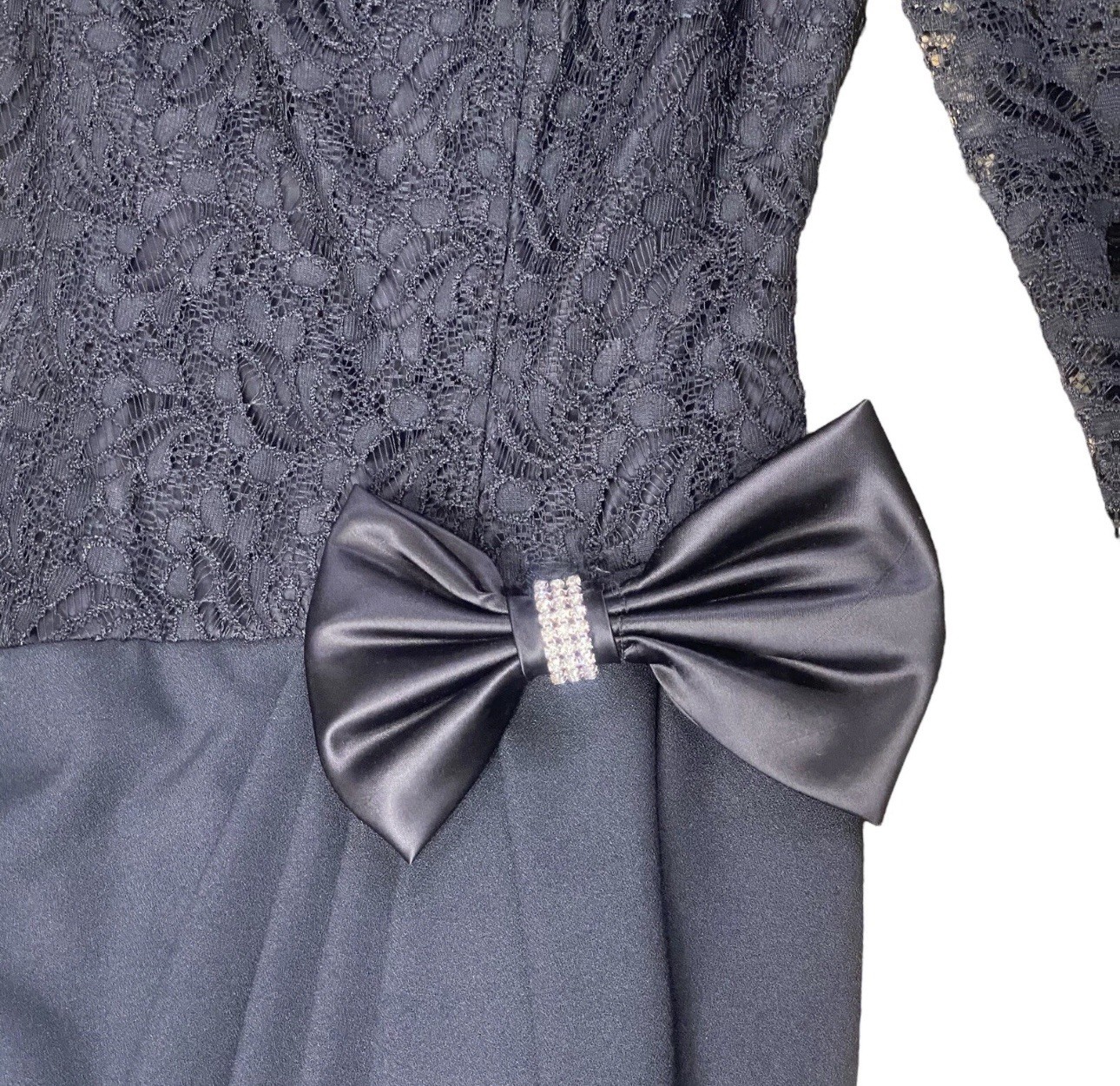 Vtg 1980’s Evenings by Pantagis Dress Black Lace Long Sleeve Rhinestone Bow 9/10