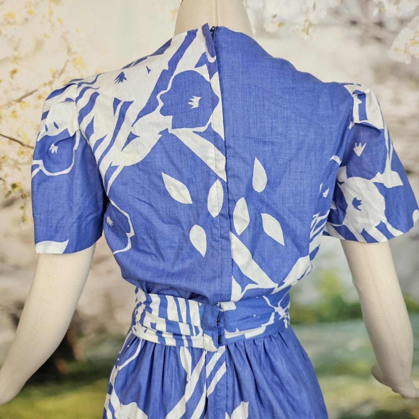 Vintage Faux Wrap Style Dress Sky Blue White Floral Print Fluttery Sleeves Gown
