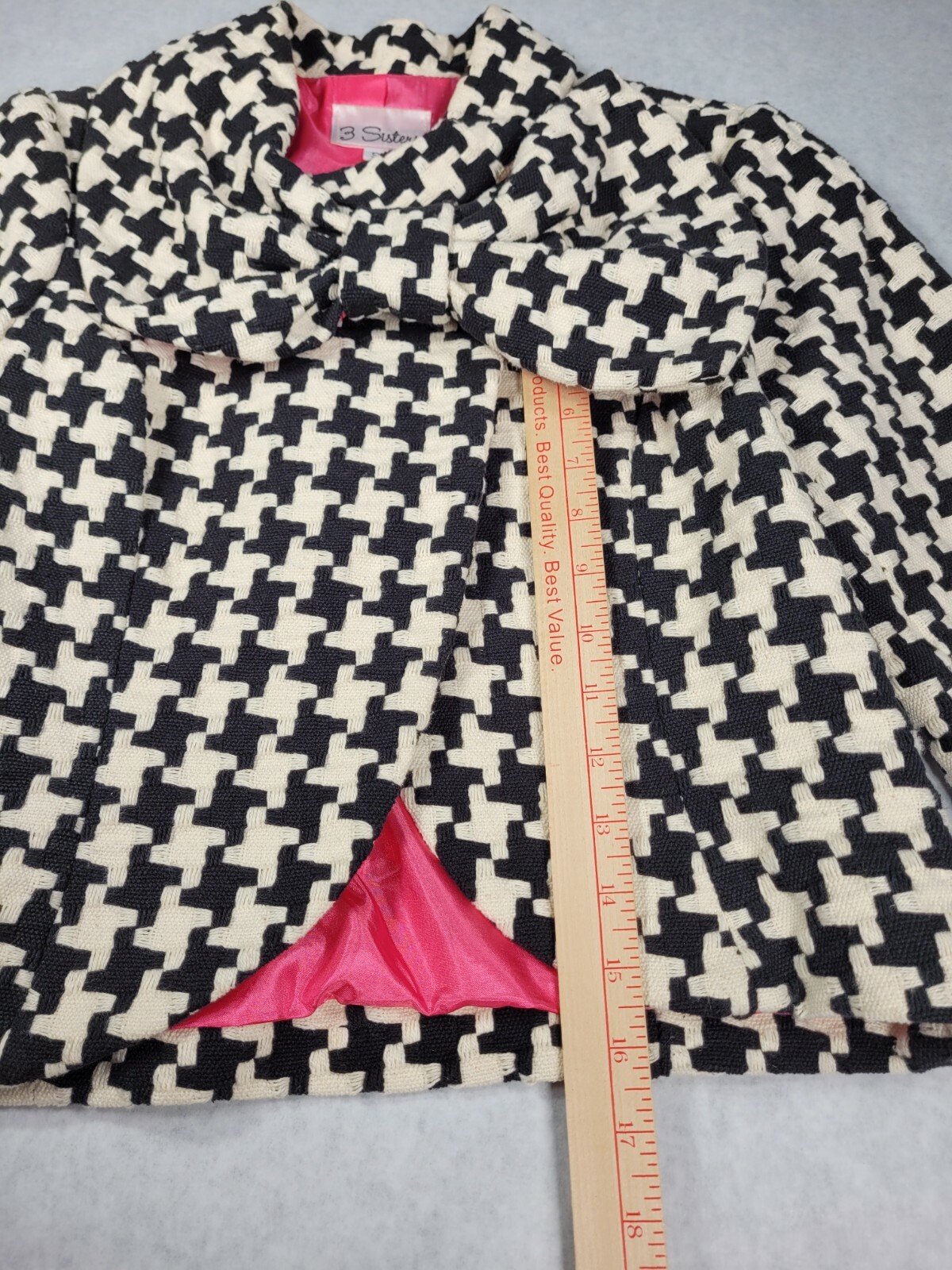 Vintage 3 Sisters Black White Pink Geometric Print Bow NICE RARE