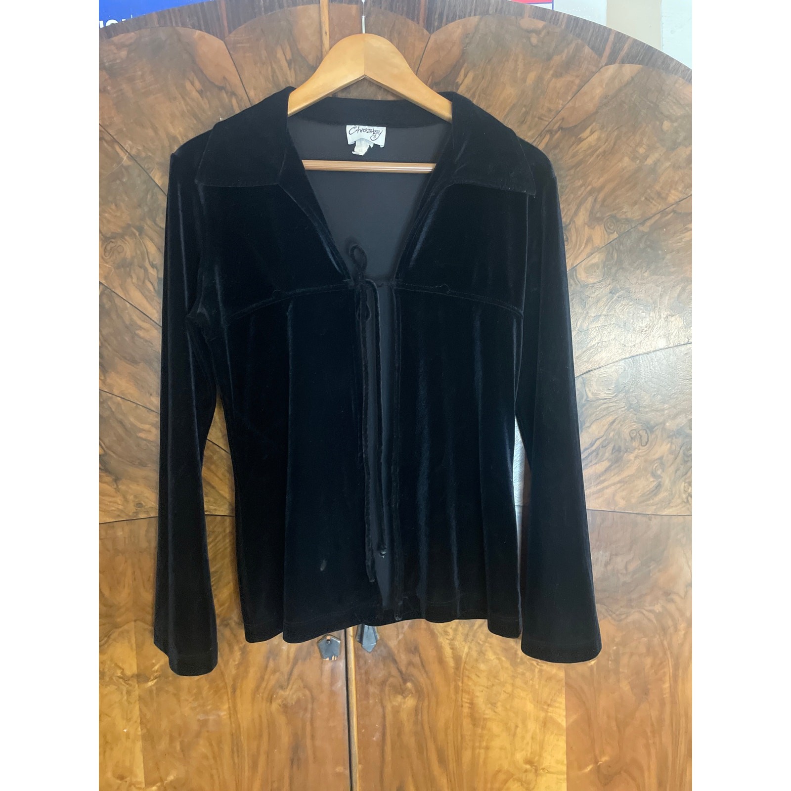 Vintage 90’s Y2K Velvet Tie Front Top/ Light Jacket 70’s Collar GOTH GRUNGE RAVE