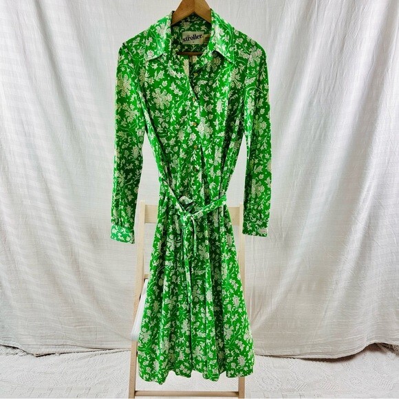 Vintage 70s The Stroller Shirt Dress Green Floral Size S/M