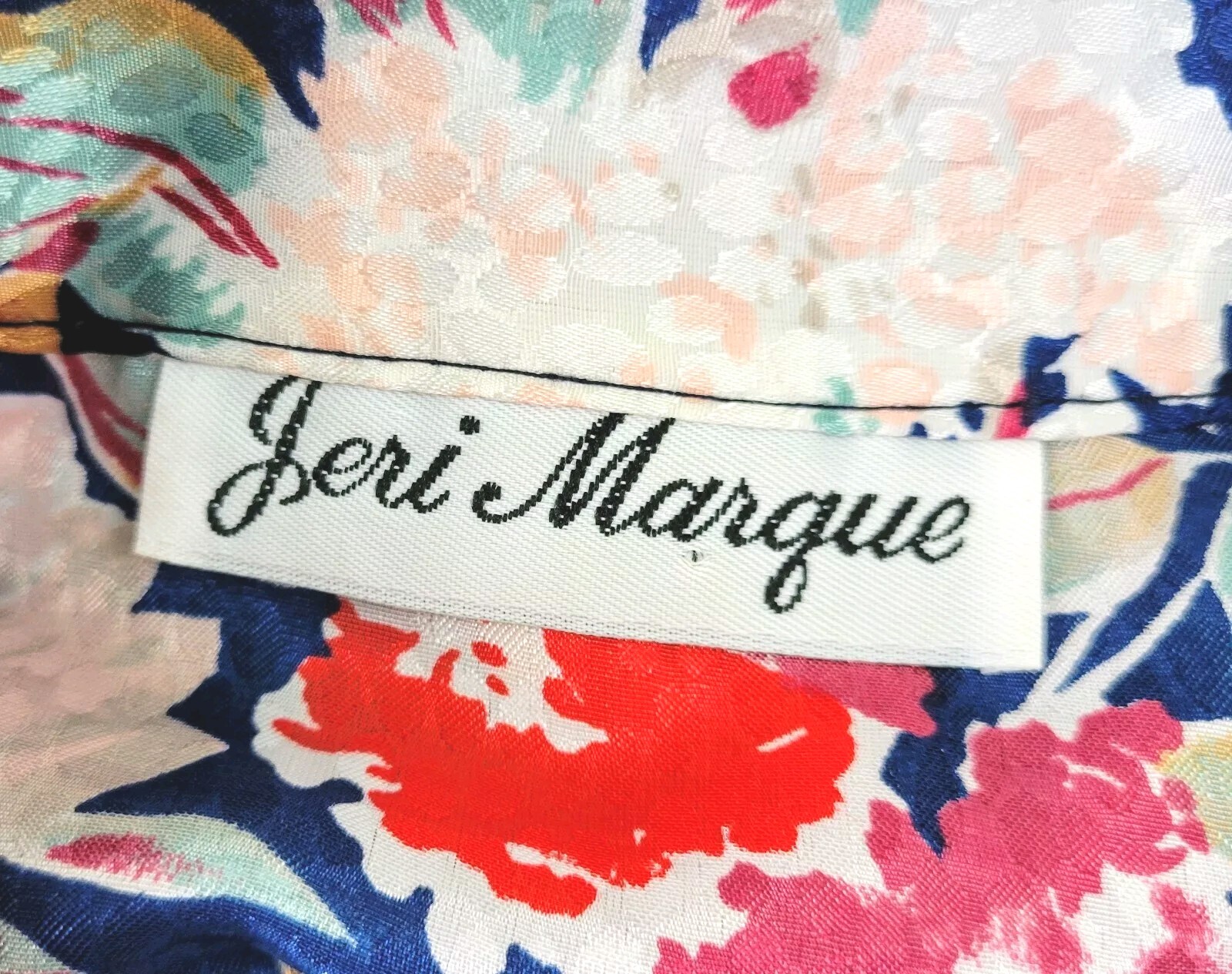 Vintage Jeri Marque Floral on Navy Blouse w Knit Cuffs & Waistband Sz M/L?
