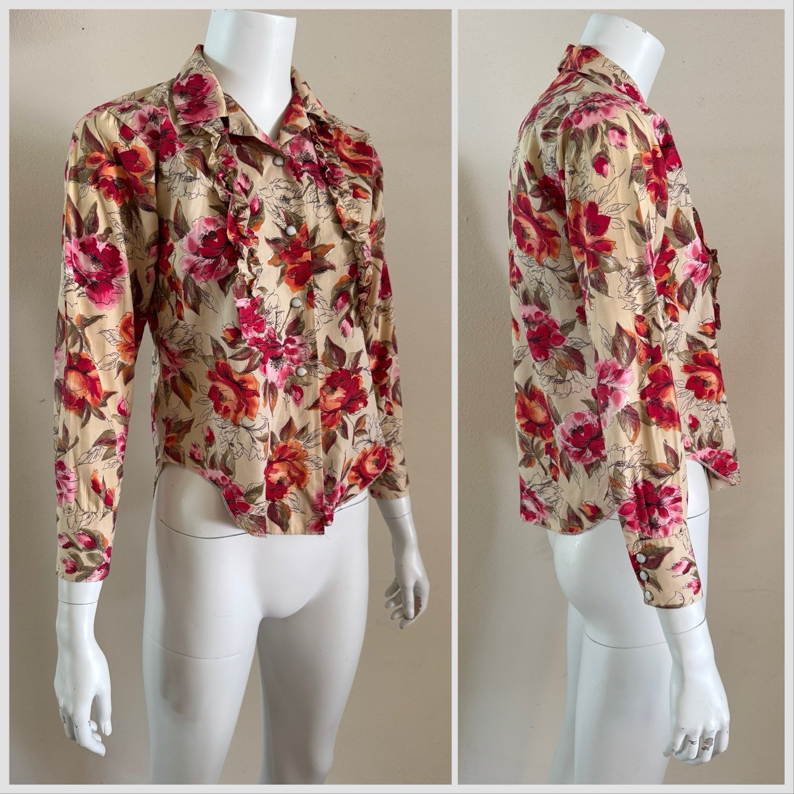 H Bar C Western Pearl Snap Ruffle Blouse Floral Rockabilly Shirt USA S Vintage