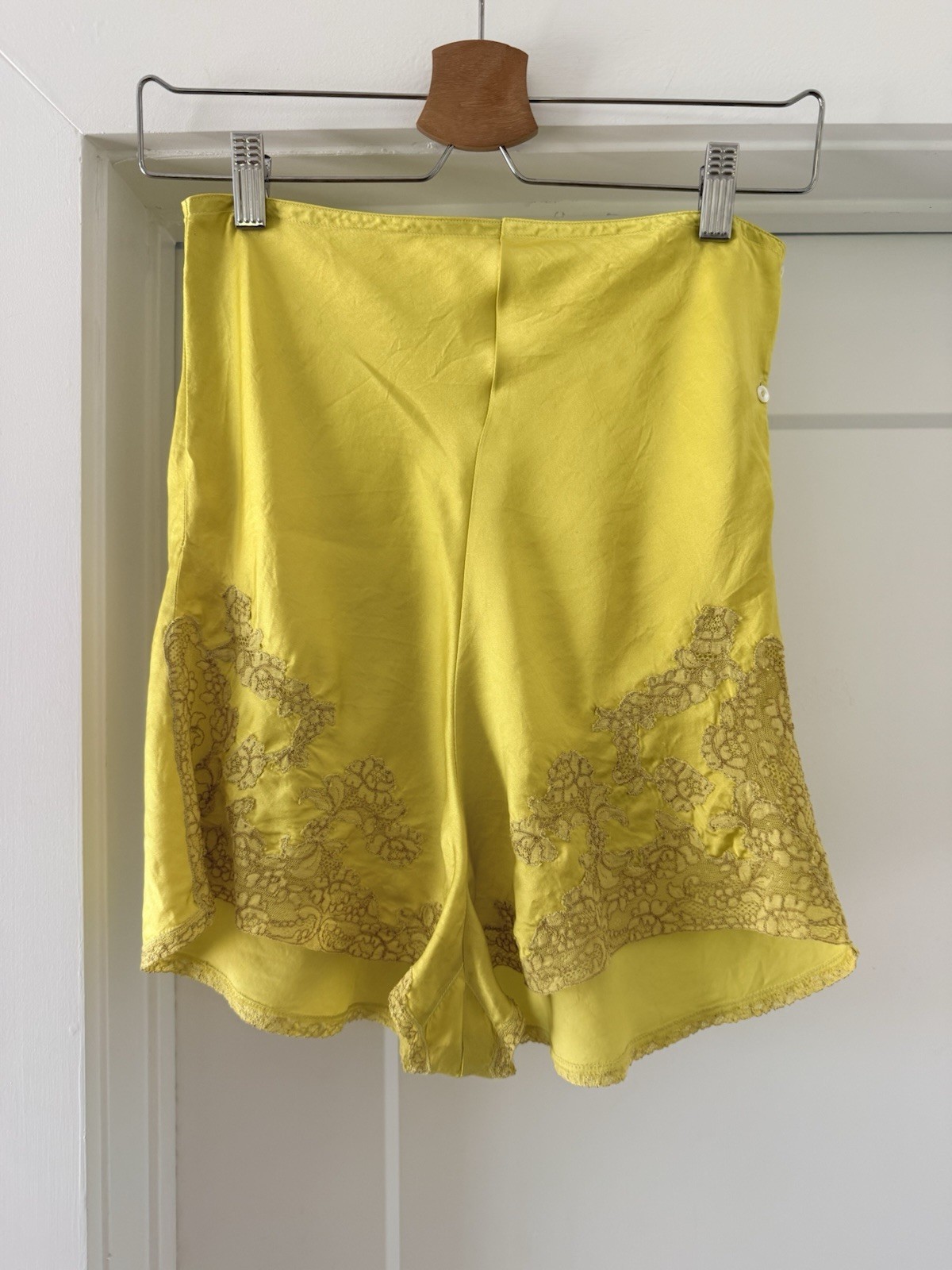 1930s Silk Satin Tap Shorts Electric Yellow Lace Appliqué Pearl Button