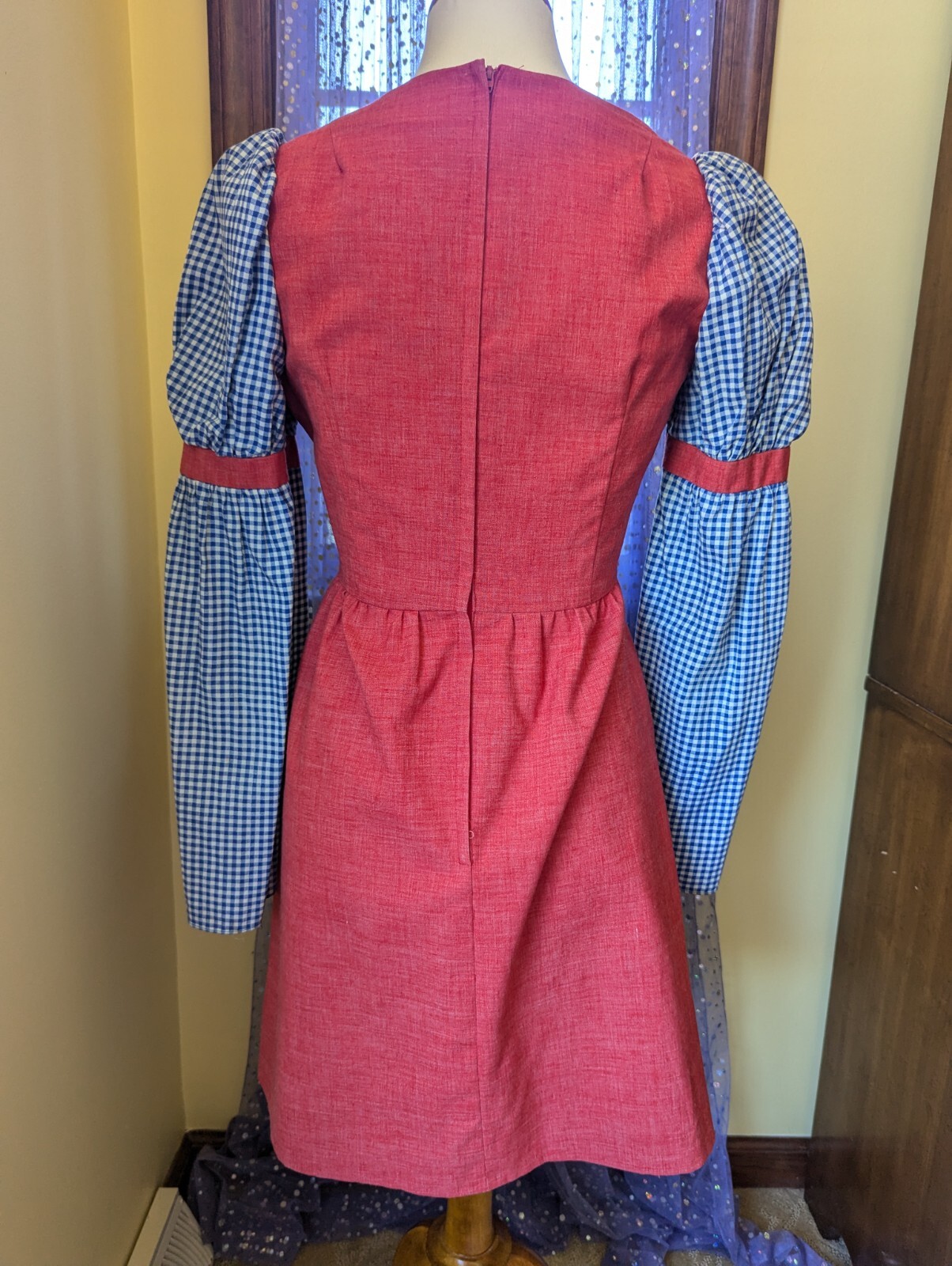 Vintage 70’s ED Juniors Red Blue Gingham Puff Juliet Sleeves Mini Dress Size XS