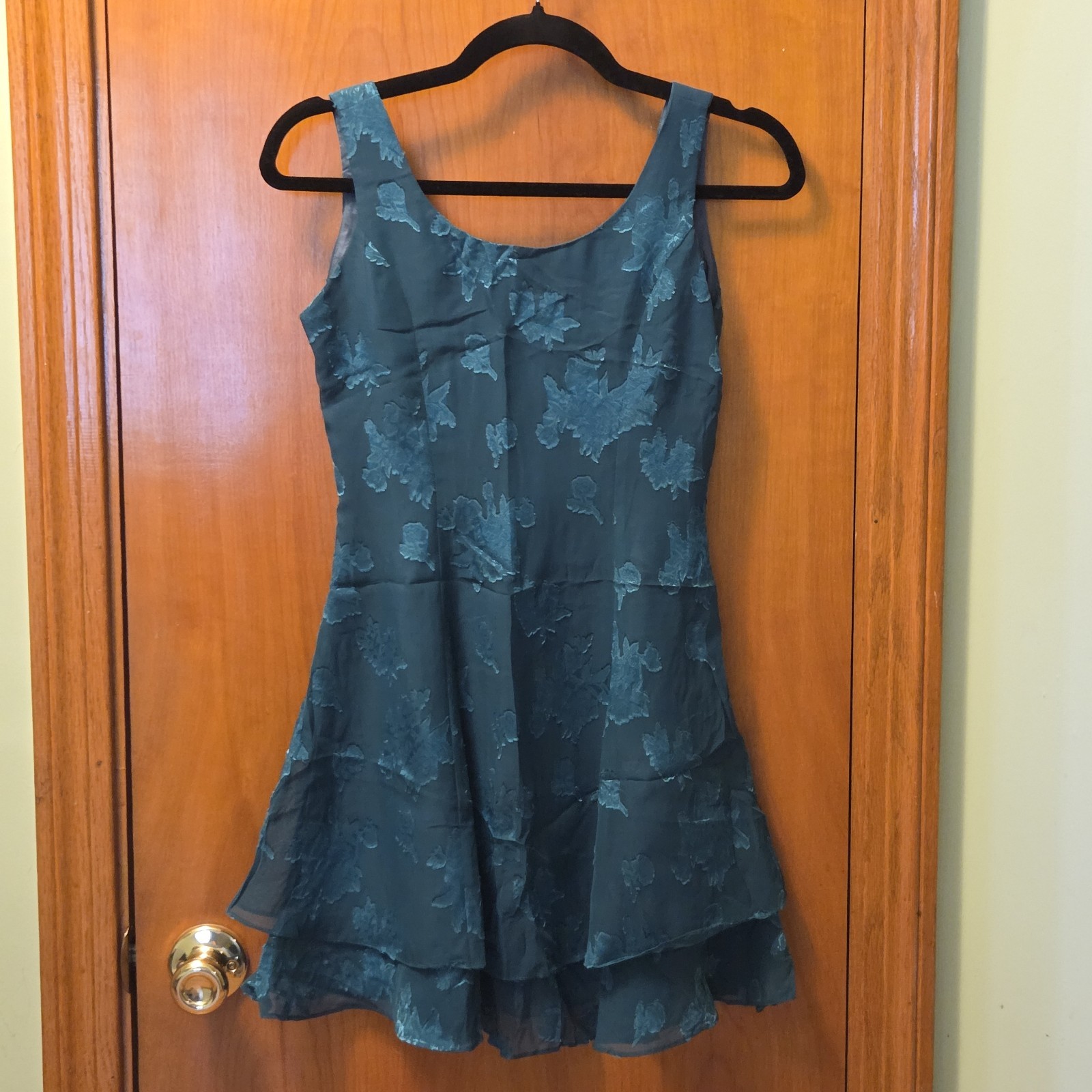 579 Vintage Juniors Green Floral Tiered Chiffon Mini Holiday Dress Size 1