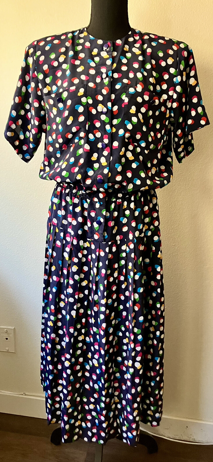 Vintage 80s Liz Roberts Secretary Shirtwaist Dress Bright Colorful Dots Pleats L