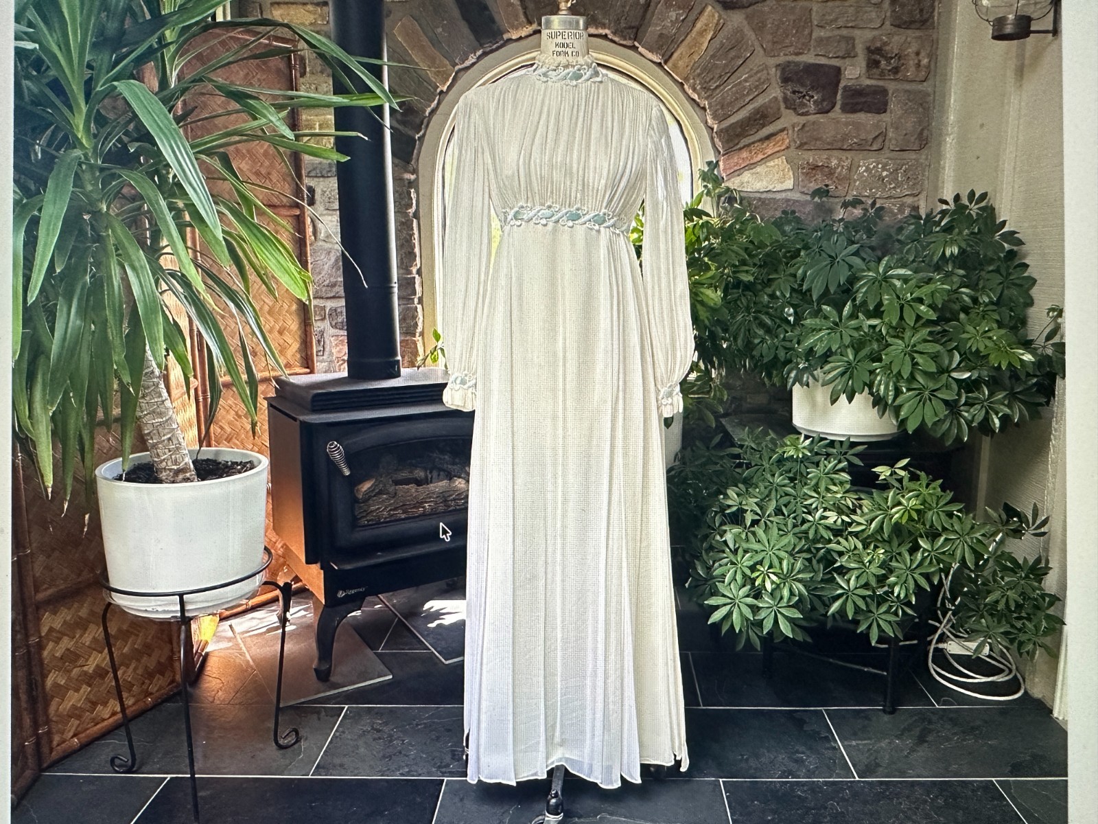 Vintage 1970s Ivory Chiffon Satin Blue Ribbon Lace Boho Goddess Wedding Dress