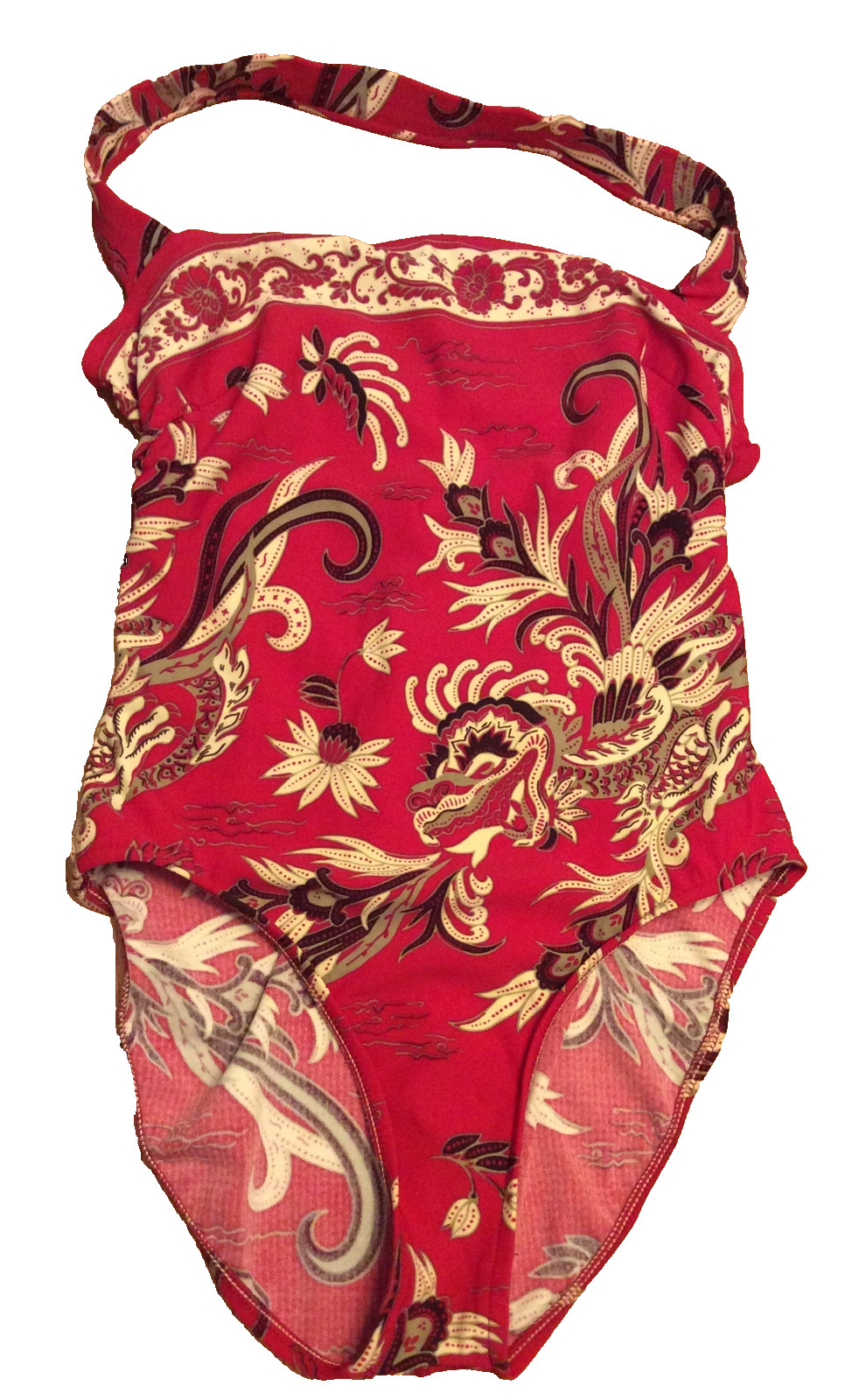 VTG Jantzen Red Multicolor Asian Print One Piece Halter Swimsuit Sz 14 Beach USA