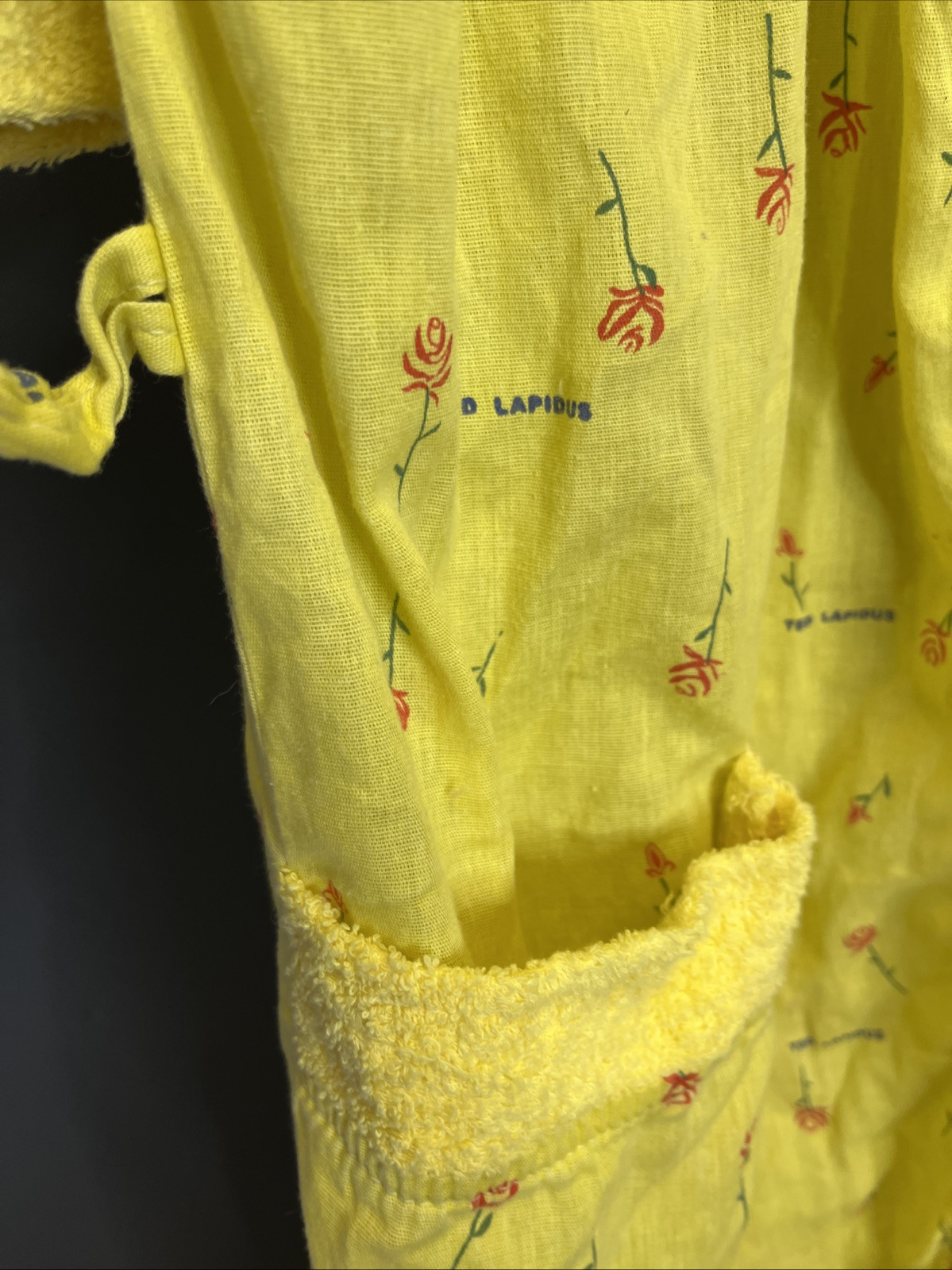 Ted Lapidus” Promotional Robe Yellow Rose Terrycloth Trim Designer Missing Belt