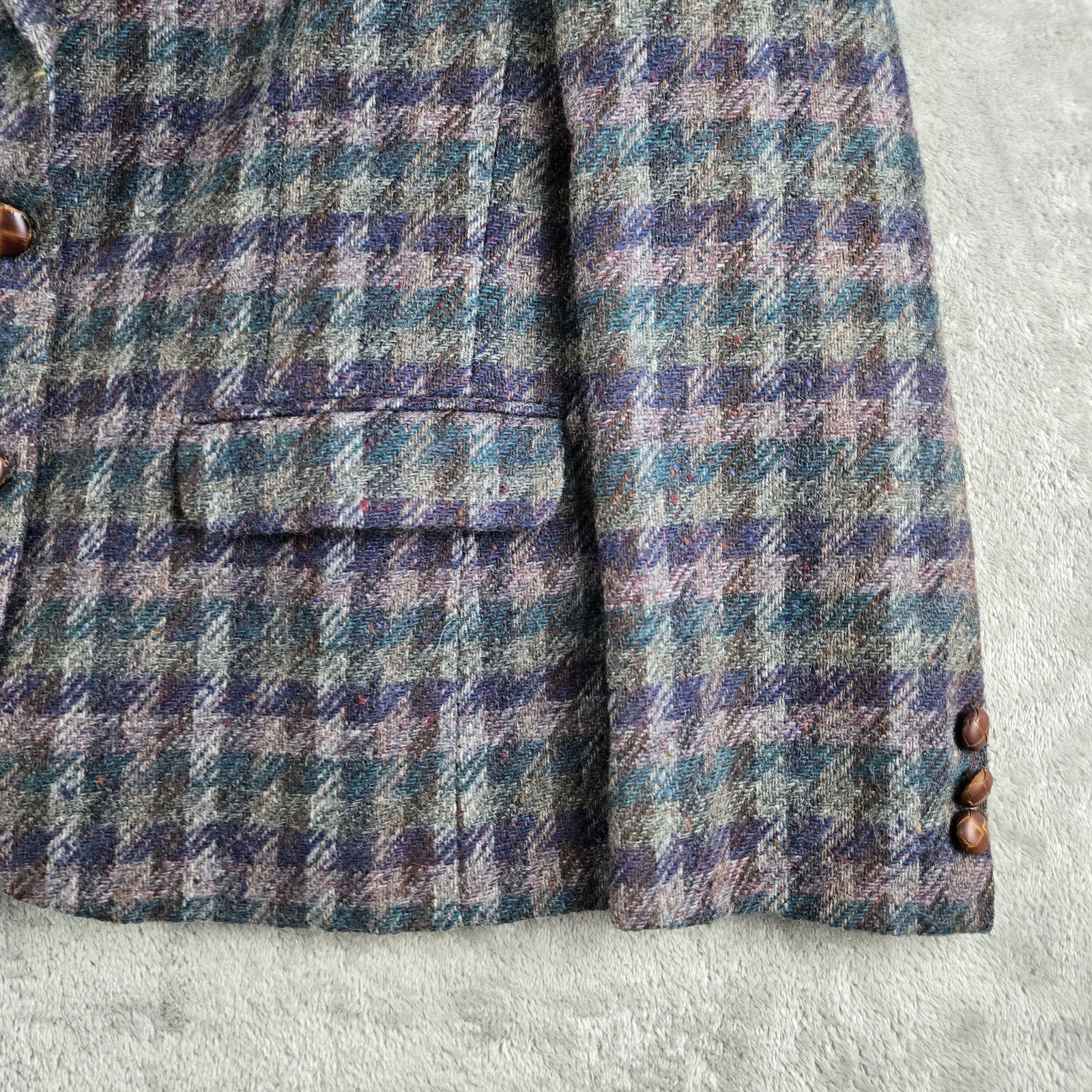 Vintage Laura Caspari Jacket Women Gray Purple Green Houndstooth 100% Welsh Wool