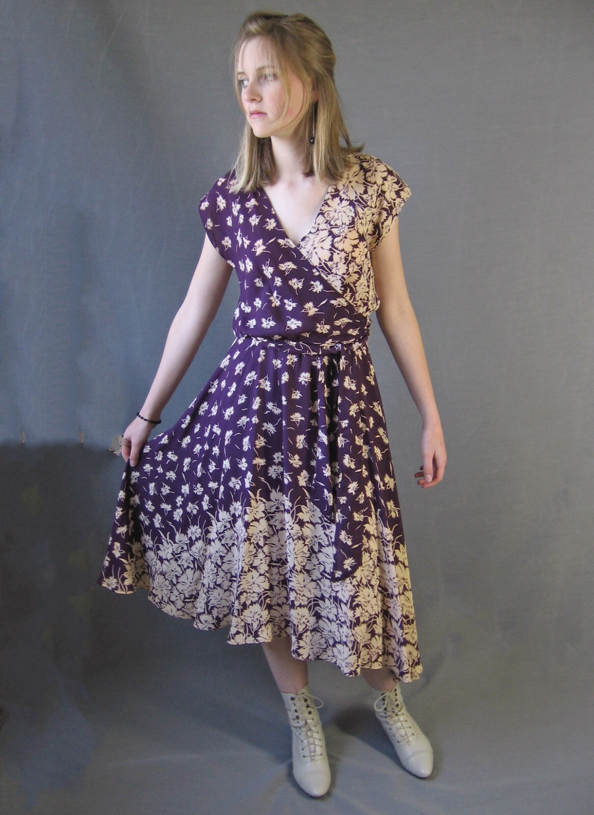 70s Vtg 30s Style Dress Garden Party Purple Romantic Floral Print Wrapped Bodice