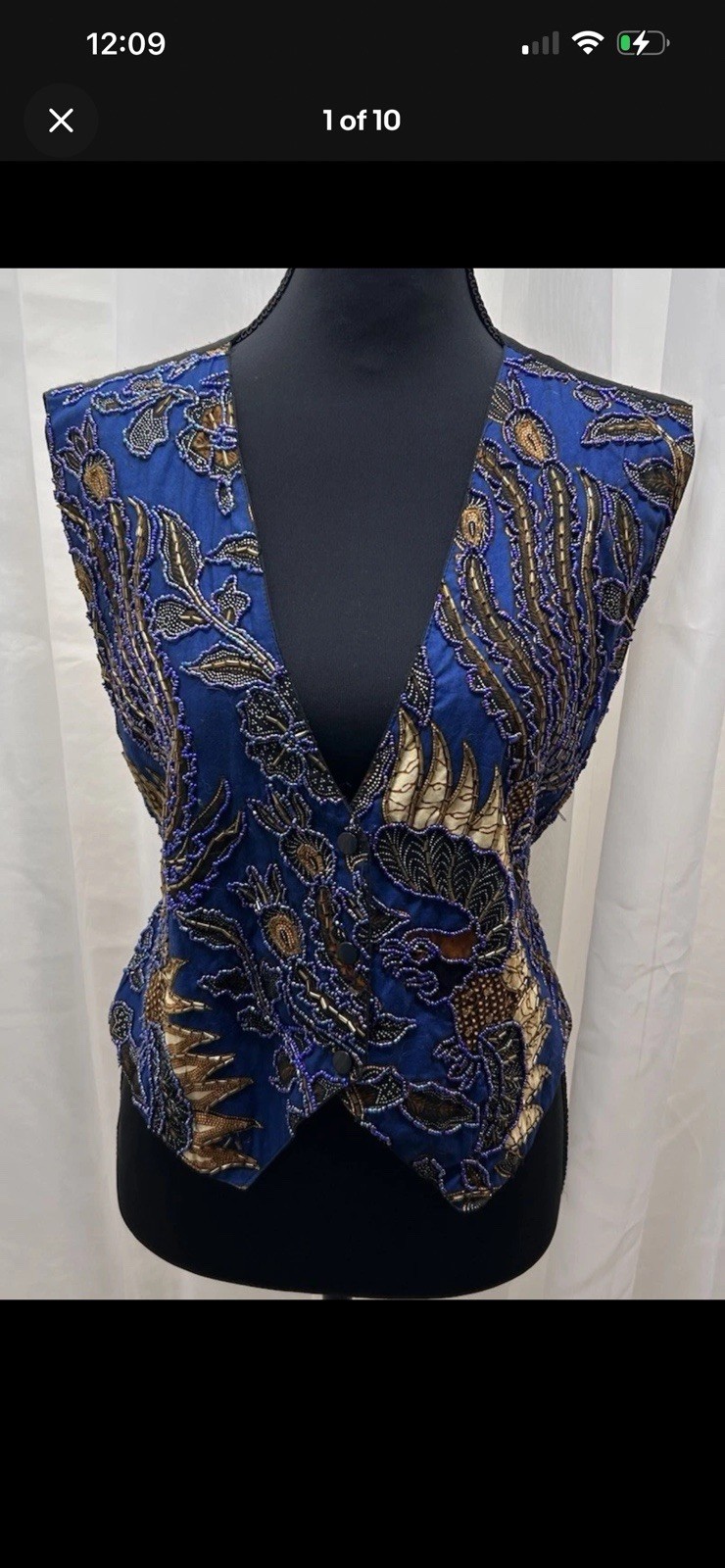 Vintage Tan Cita Womens M Blue Gold Beaded Embroidered Vest Boho Y2K Tie Back