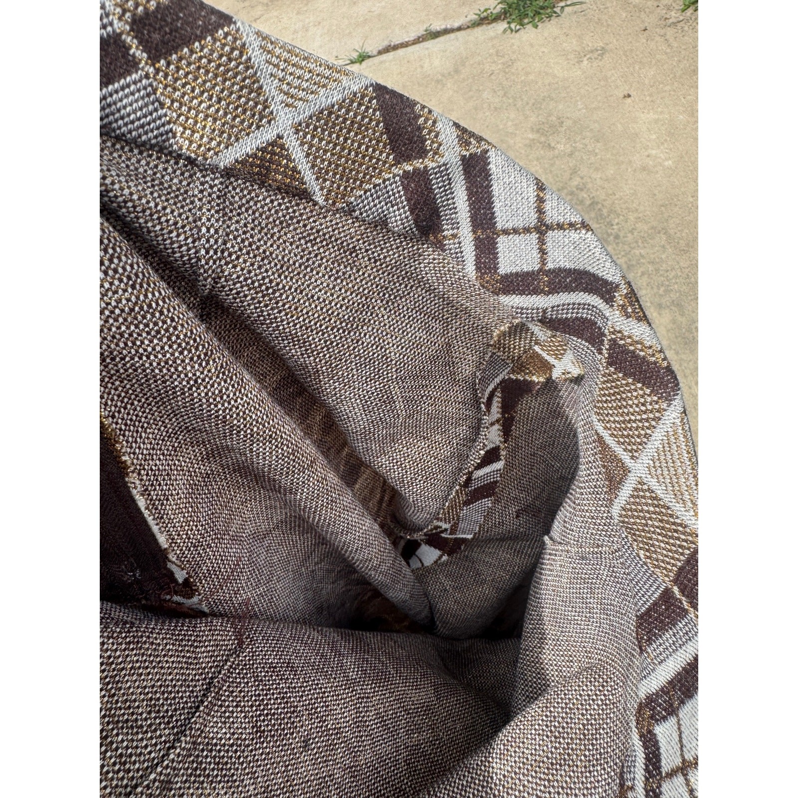 Vintage 1970s Argyle Plaid Maxi Skirt Brown Gold Metallic Lurex Knit A Line M/L