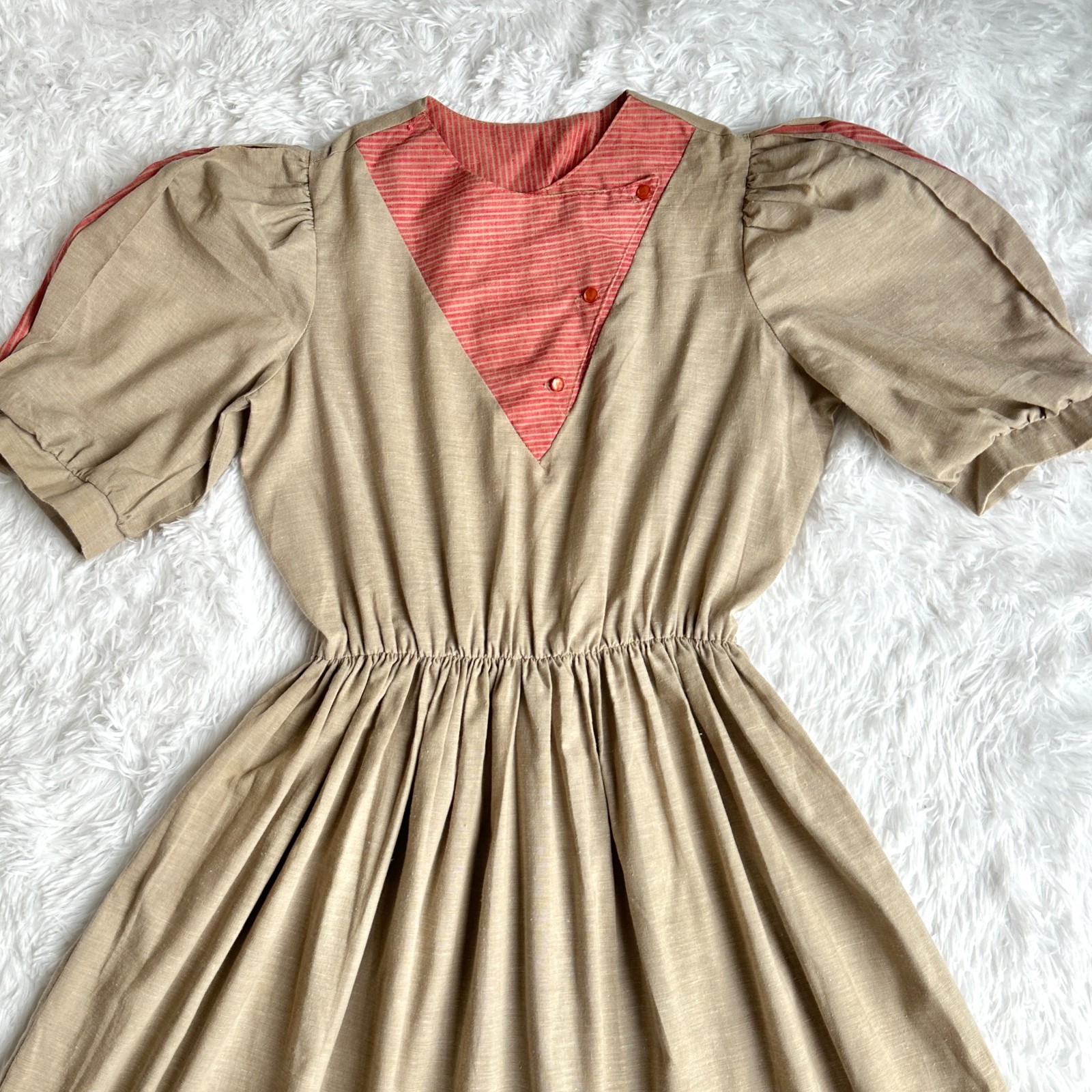 Vintage Impromptu Prairie Cottagecore Peasant Dress Brown Pink Puff Sleeve Women