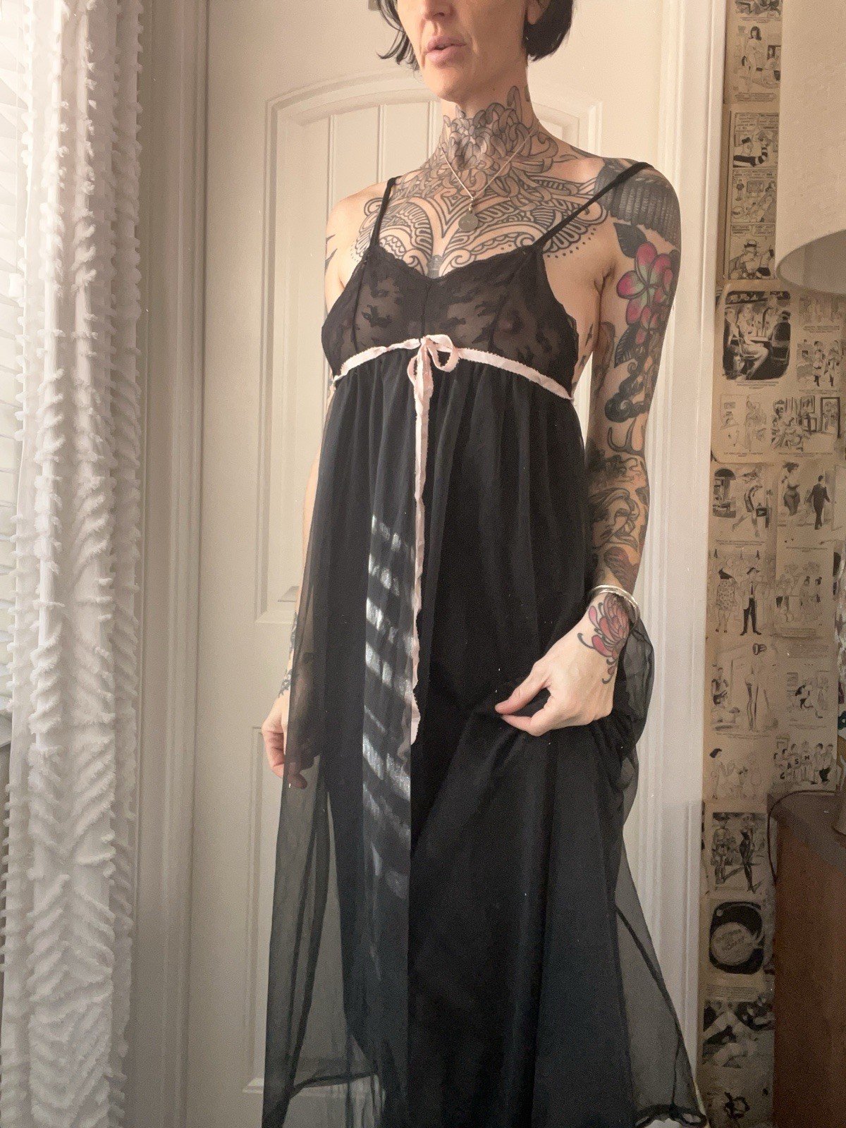 Vtg 80s Ilise Stevens Black Sheer Nylon Maxi Dress Lace Bodice Pink Bow USA S