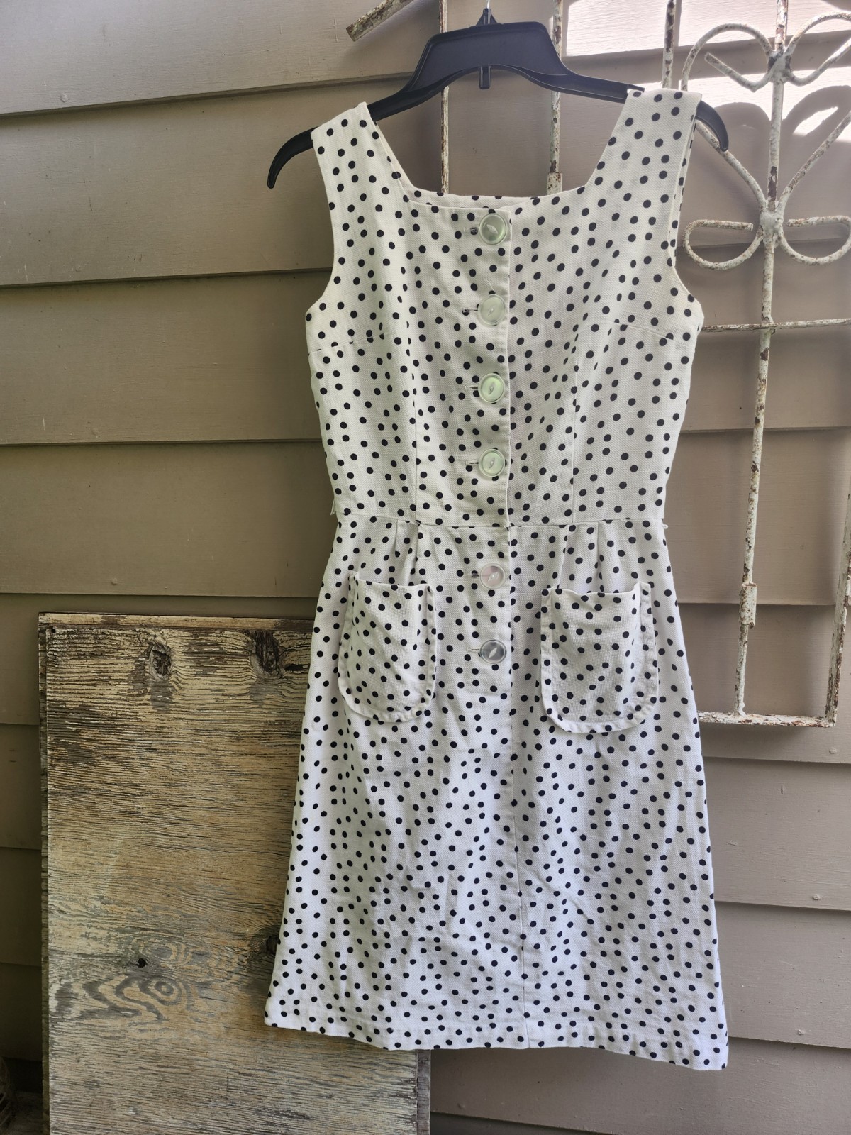 Vg 50s Dress White w/Black Polka Dot Fitted Waist Lrg Button Front W Pockets S/M