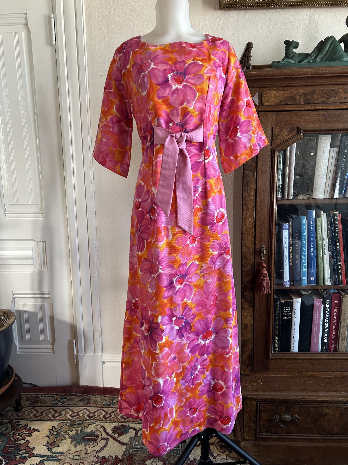 Anela Mai Vintage 1960s Hawaiian Floral Maxi Dress BELL SLEEVE Pink Orange 60s M