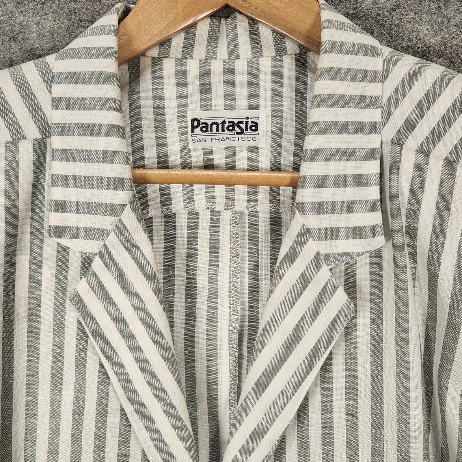 Vintage Pantasia San Francisco Linen Skirt Suit Gray White Striped 80s Pockets