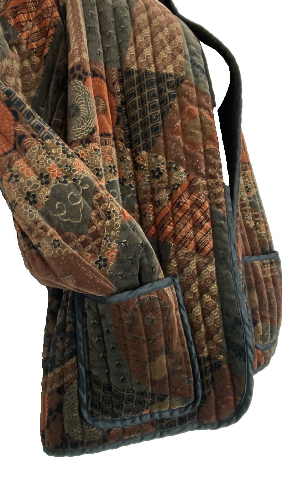 Vintage 1970s brown velveteen jacket open floral patterned cotton patchwork rust